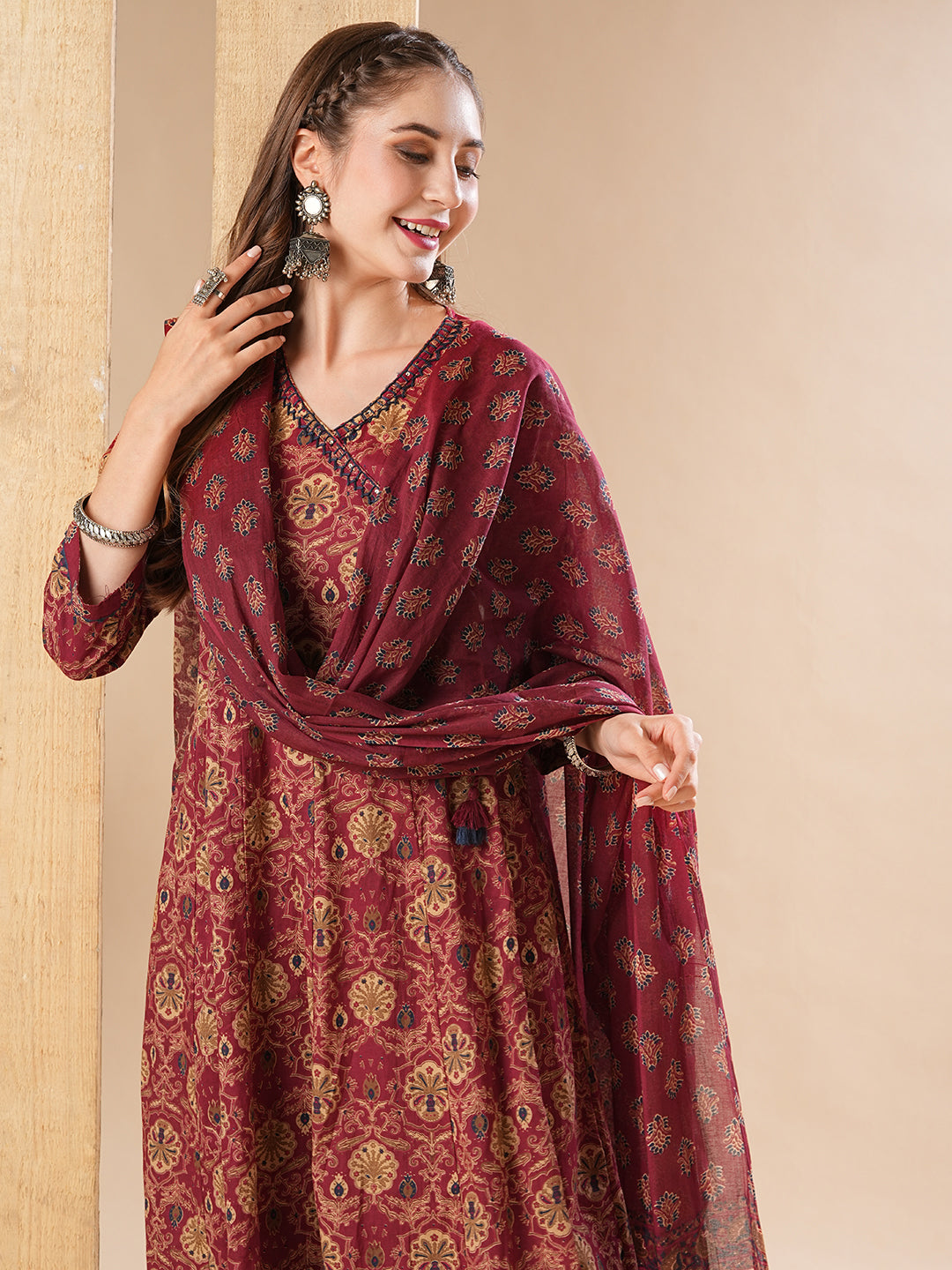 Fashor Floral Printed Resham & Sequins Embellished Anarkali with Pants & Dupatta - Dark Red - view 2