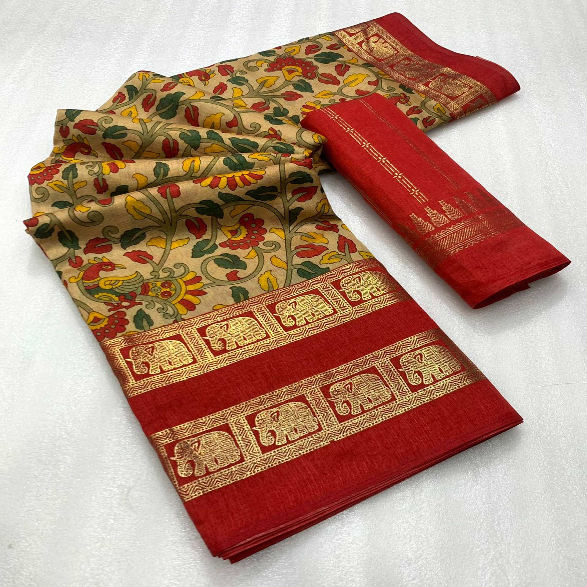 Peachmode Chikoo Floral Kalamkari Printed Dola Silk Saree