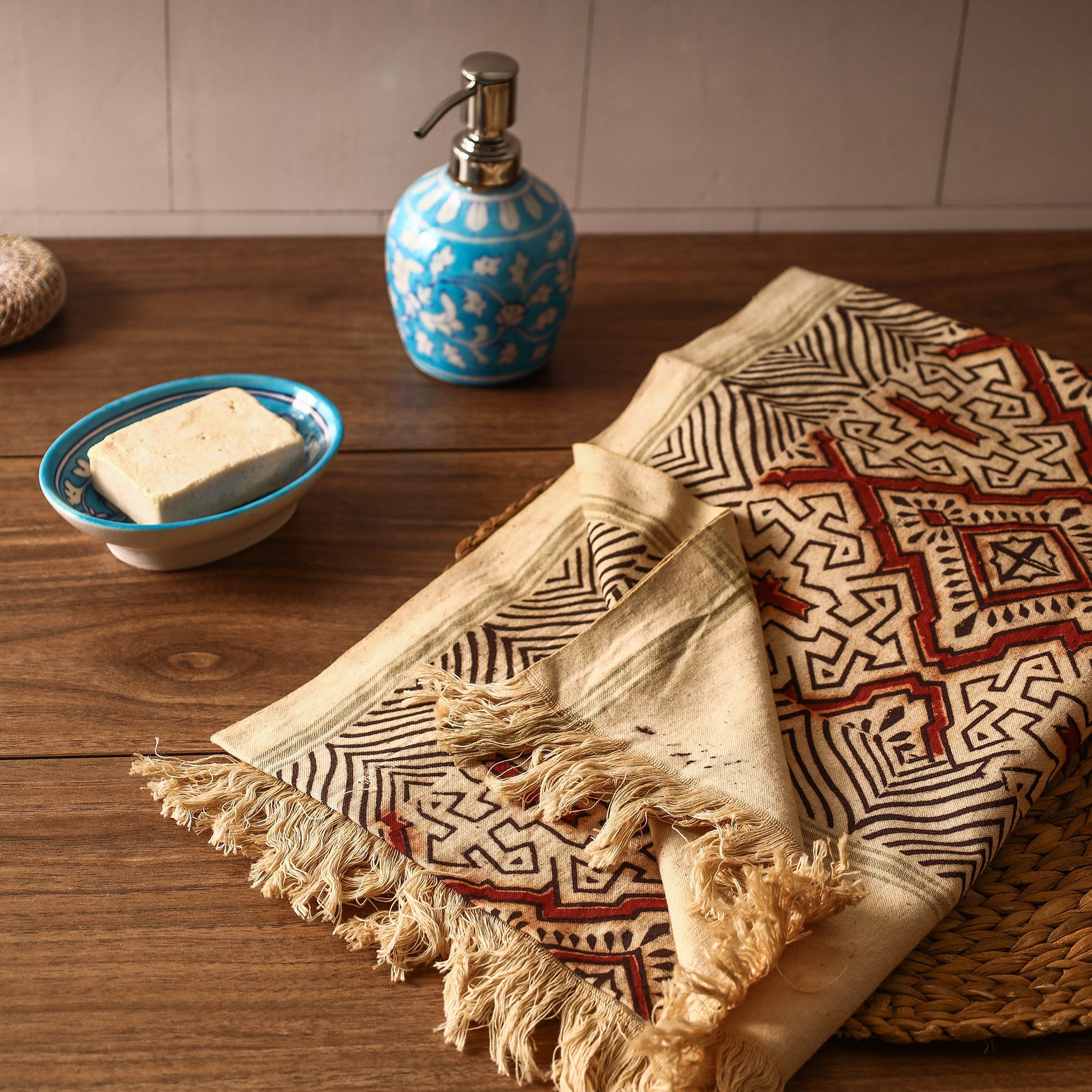 PITCHUKA SRINIVAS KALAMKARI PEDANA Beige - Pedana Kalamkari Block Printed Handloom Cotton Towel