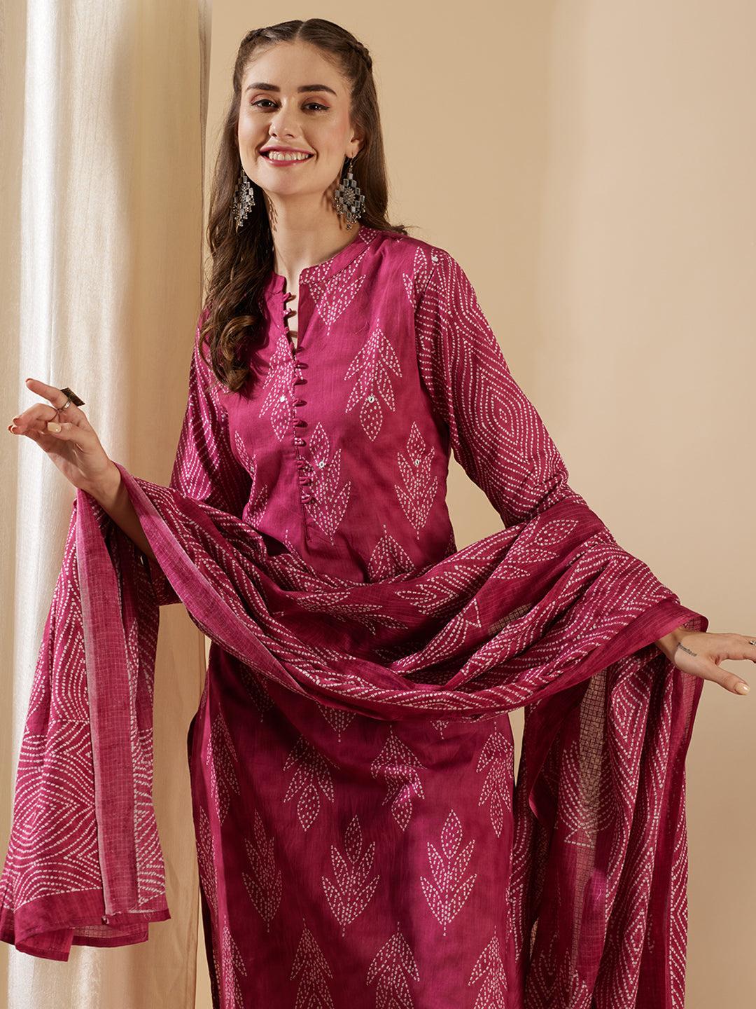 Fashor Ethnic Leaf Printed & Embroidered Straight Kurta with Pant & Dupatta - Magenta - view 3