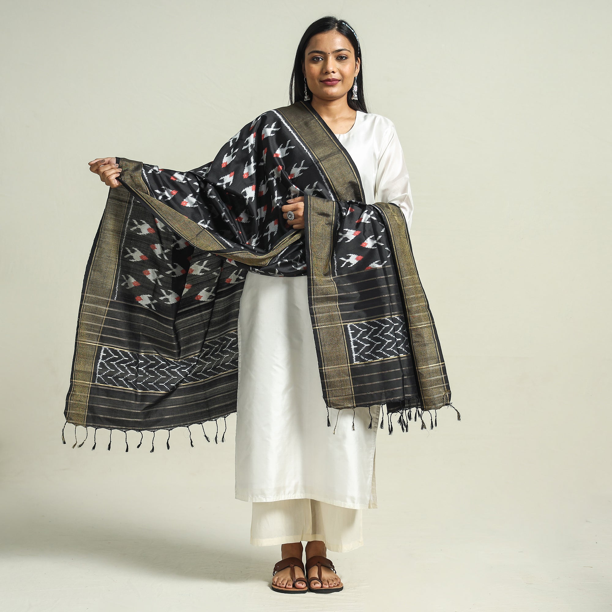 IKAT WEAVES BY EDEM CHANDANA Black - Handwoven Pochampally Ikat Pure Mulberry Silk Dupatta with Tassels - view 2