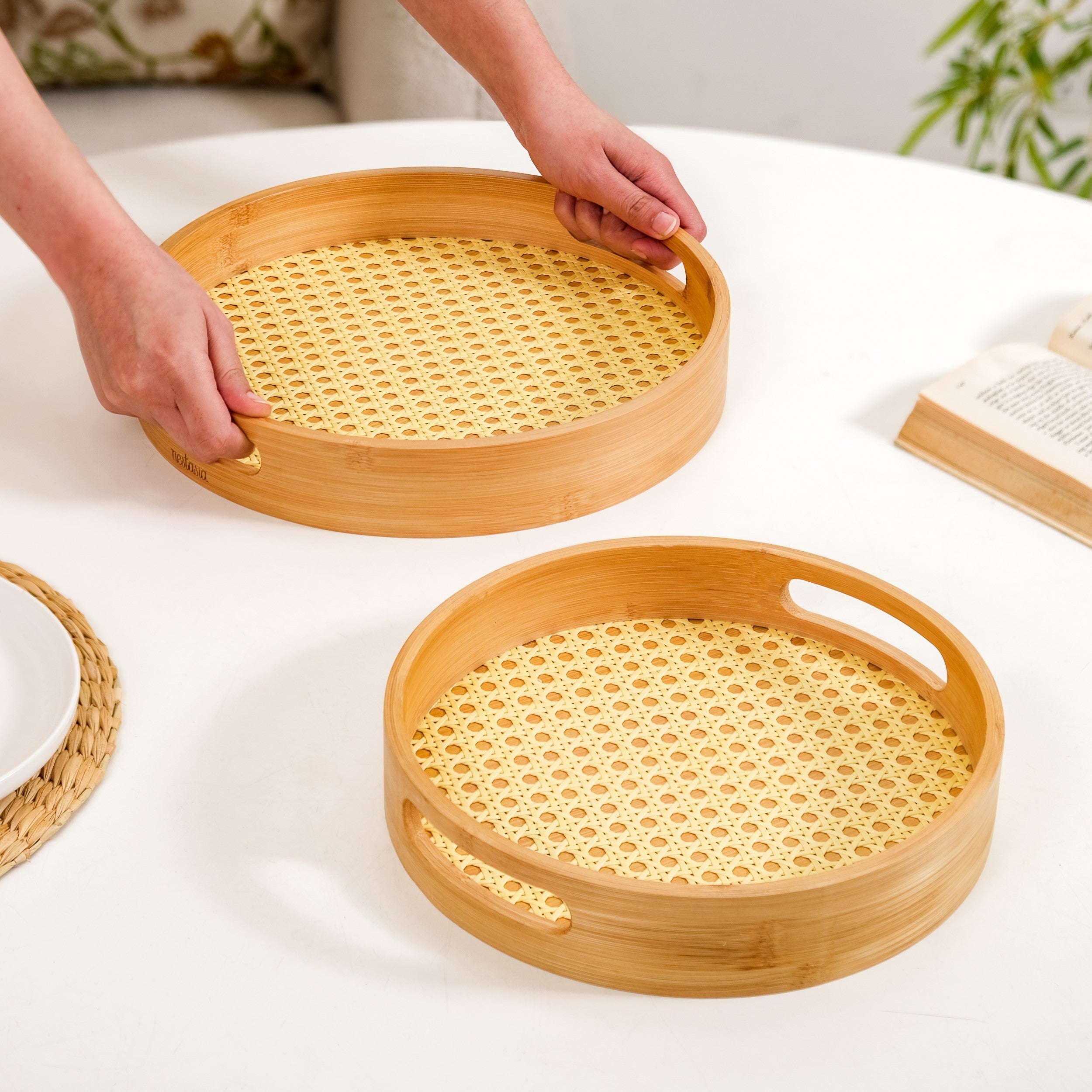 Nestasia Set Of 2 Rattan Weave Round Wooden Trays - view 2