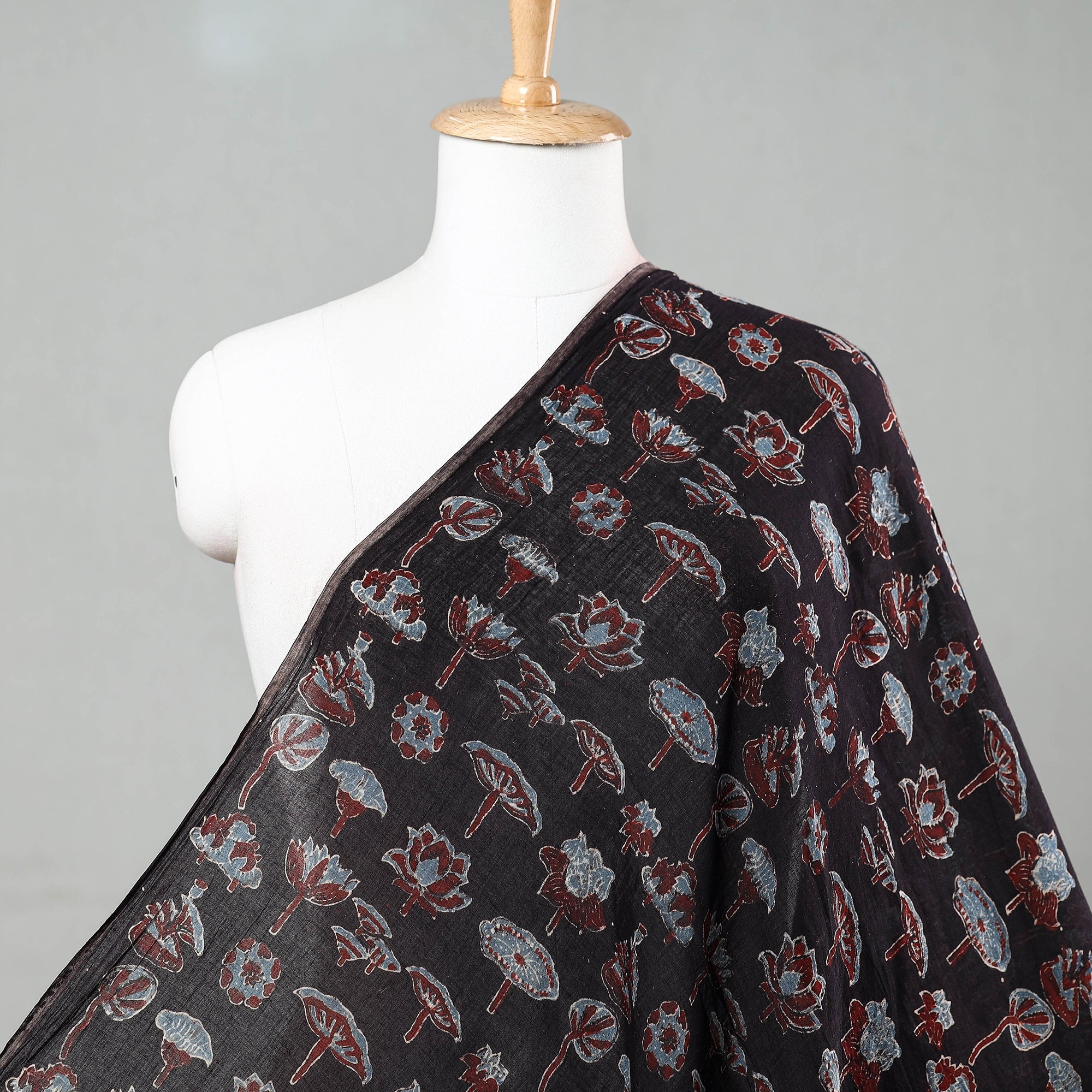 KACHCHH JI CHHAAP Black - Multistructure Florets Ajrakh Hand Block Printed Mul Cotton Fabric