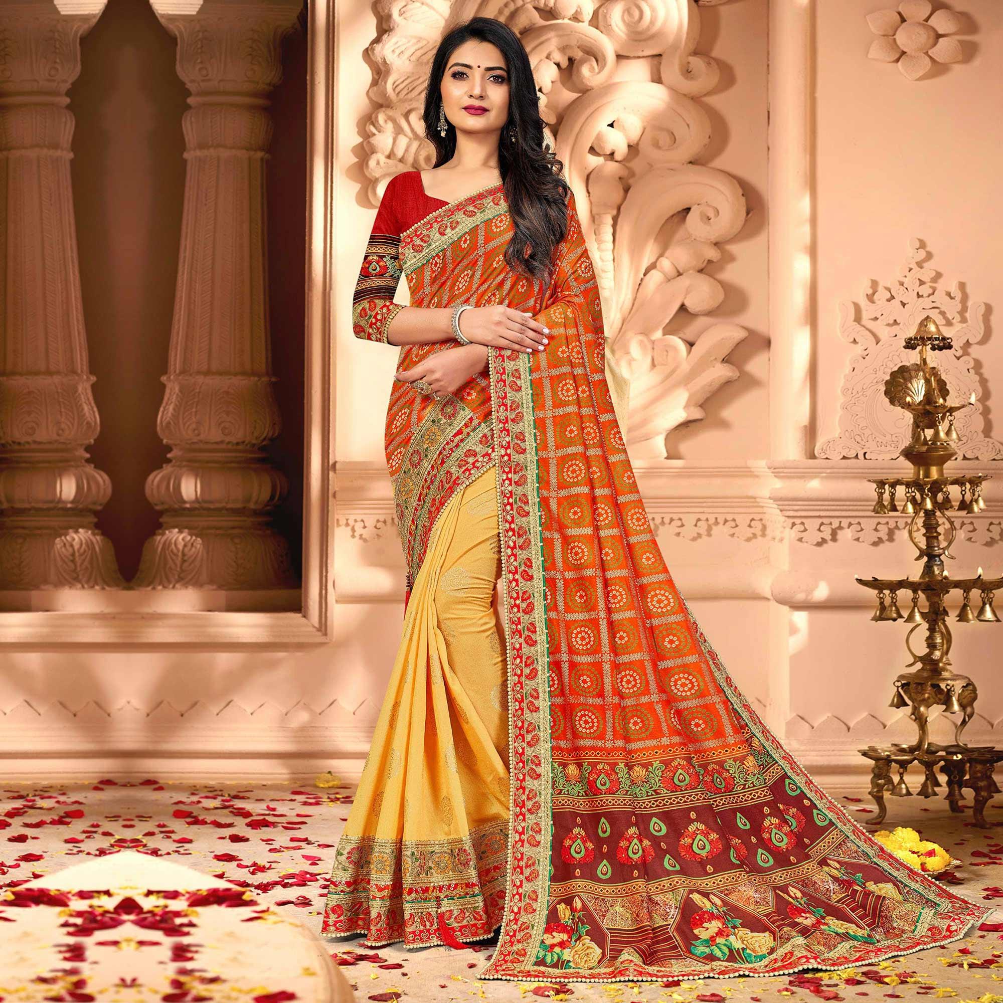 Peachmode Jazzy Orange & Yellow Coloured Partywear Diamond Work Half & Half Art Silk Saree