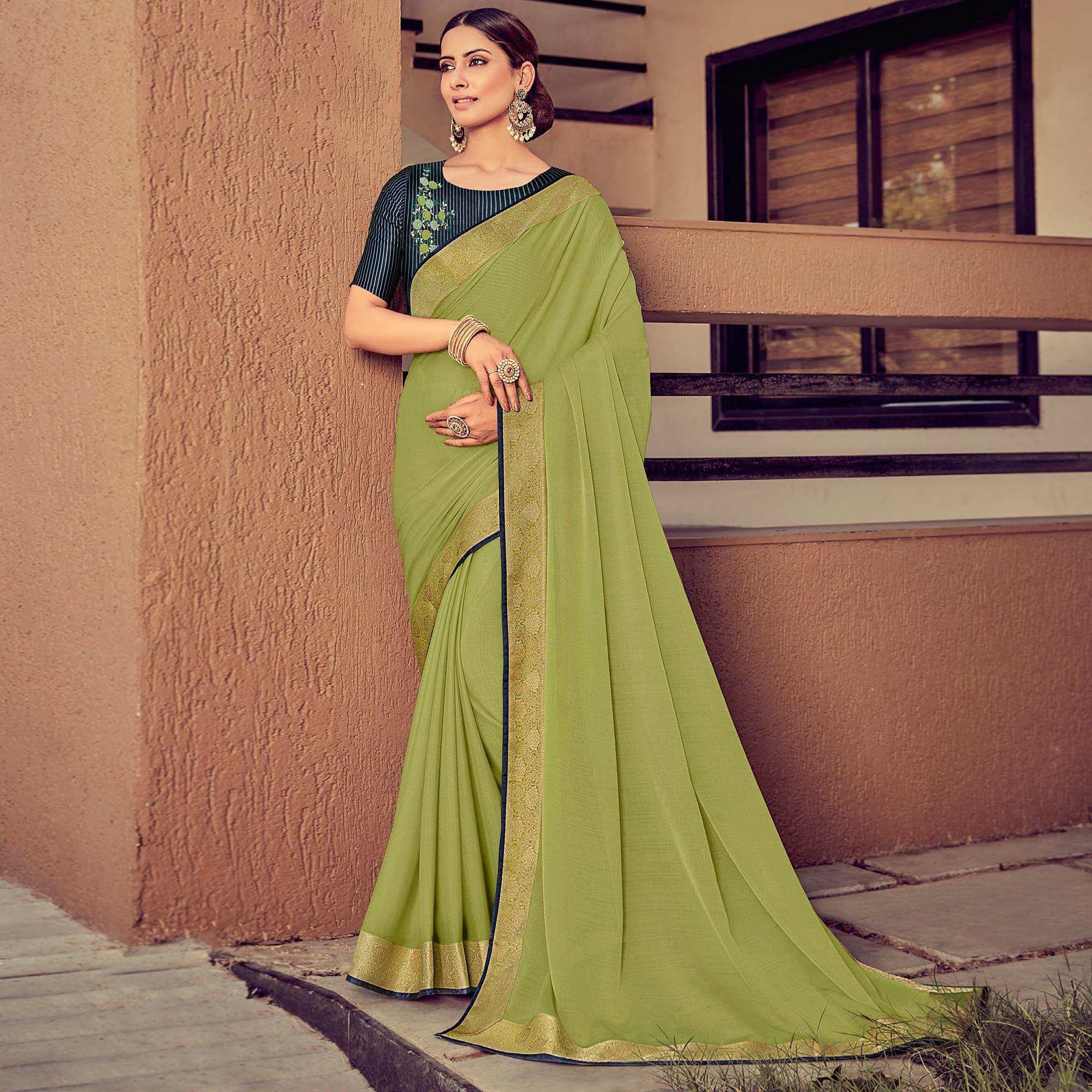 Peachmode Mehendi Green Festive Wear Solid Chiffon Saree With Border