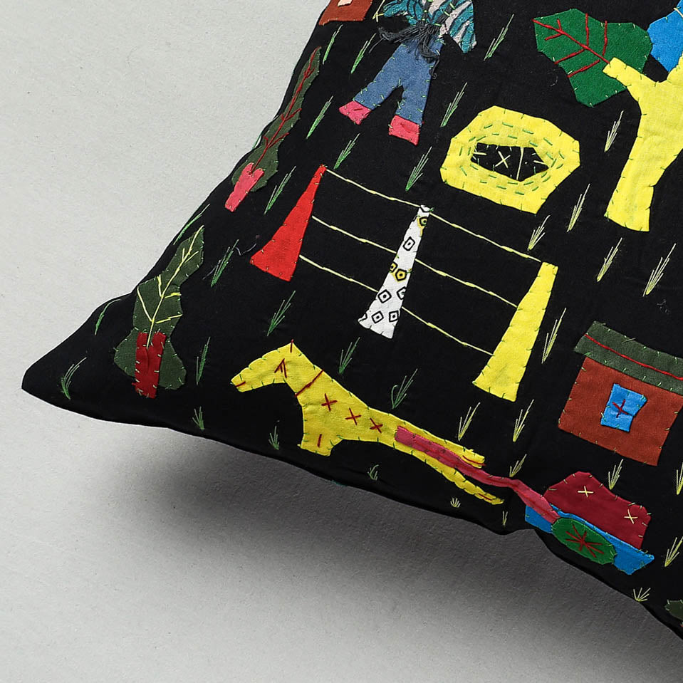 ASHOKA ASSEMBLE - CELEBRATING CRAFTS OF ODISHA Black - Pipli Applique Work Cotton Cushion Cover (16 x 16 in) - view 2