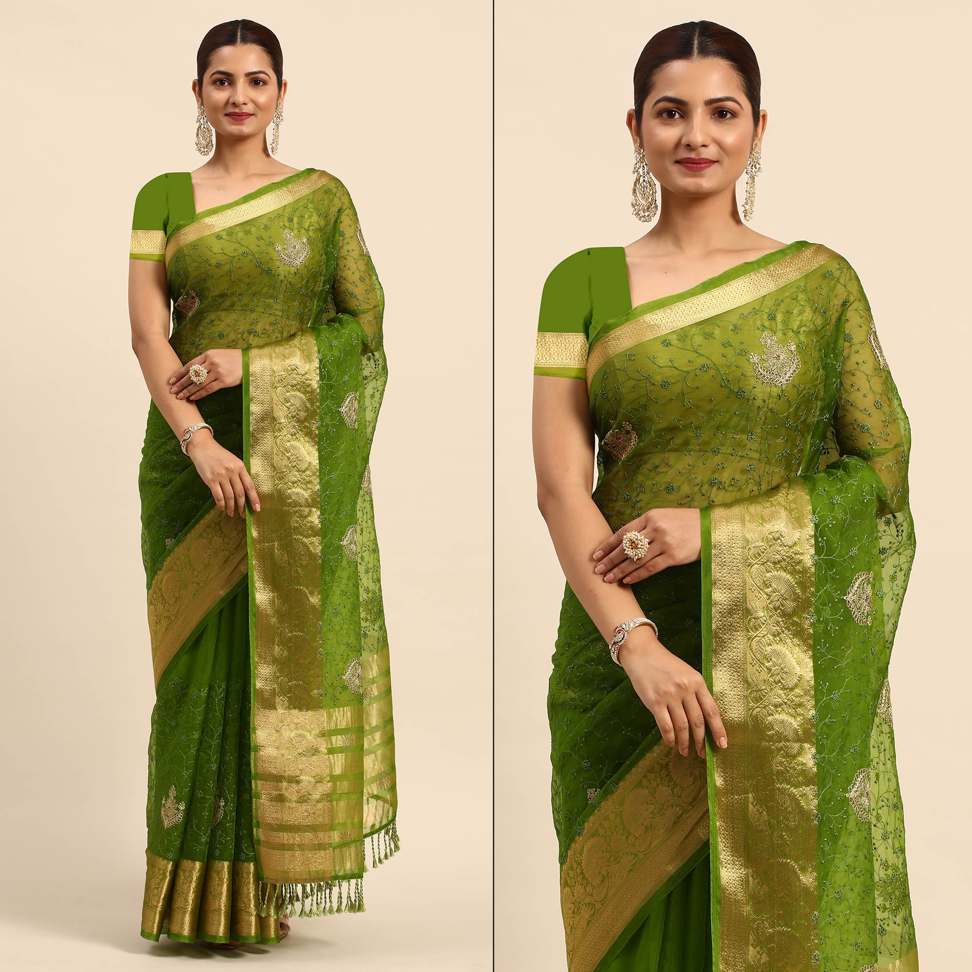 Peachmode Mehendi Green Floral Embroidered Organza Saree