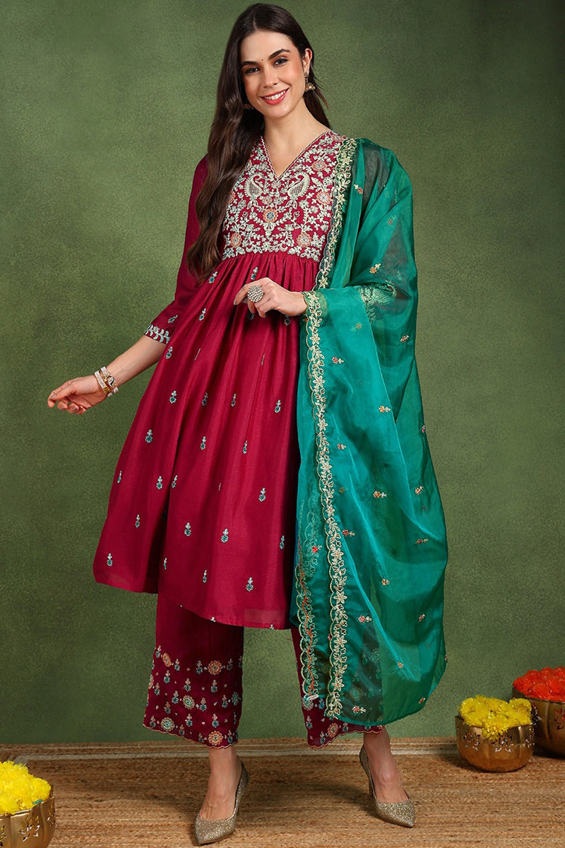 Ahika Red Silk Blend Solid Yoke Design Flared Suit Set PKSKD2158 - view 2