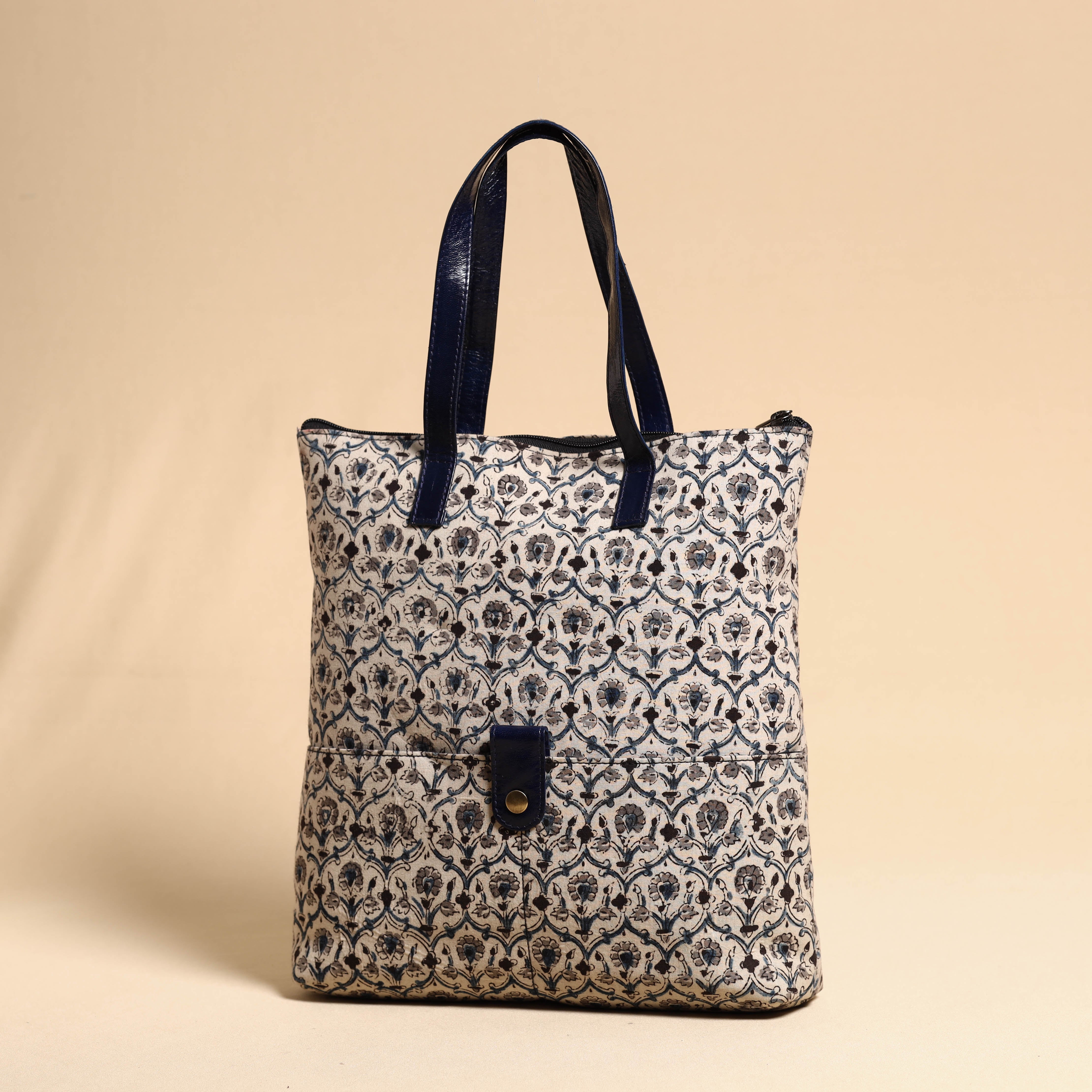 ASALKAAR Beige - Handcrafted Kalamkari Block Printed Hand Bag with Leather Handle - view 2