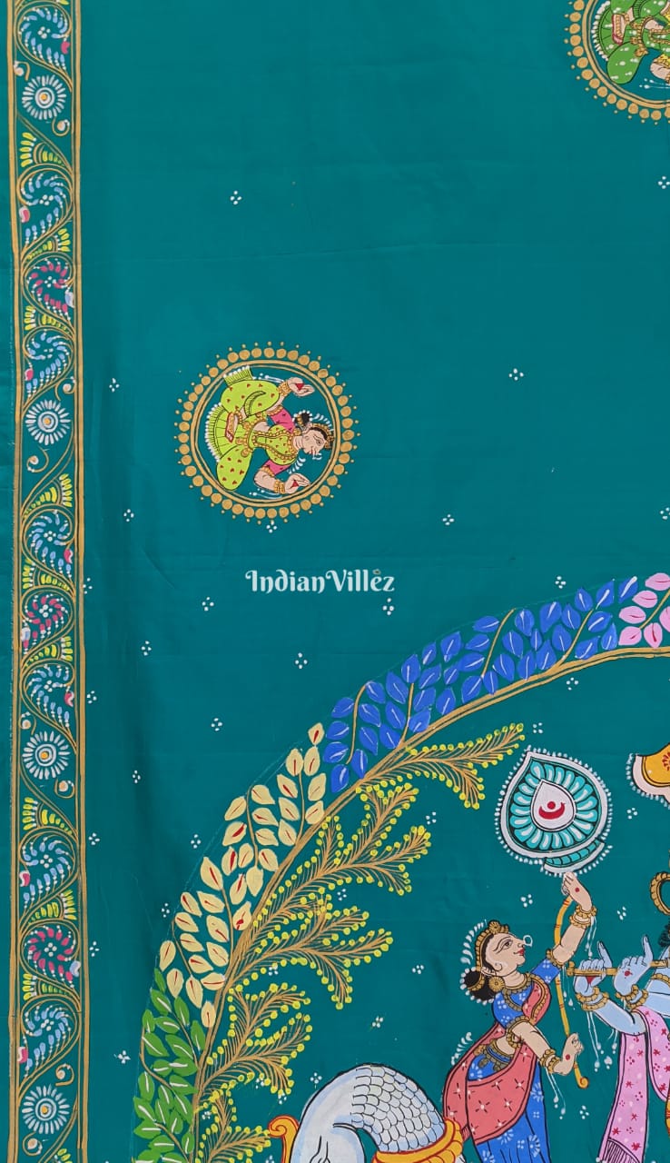 IndianVillèz Azure Blue Radha Krishna Hand-Painted Pattachitra Art Silk Saree - view 2