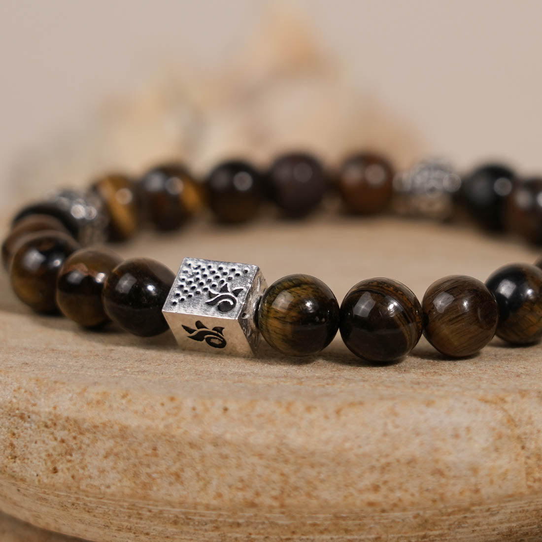 Prinjal Jewellers Tiger Eye Stone with Om Silver Beads Bracelet