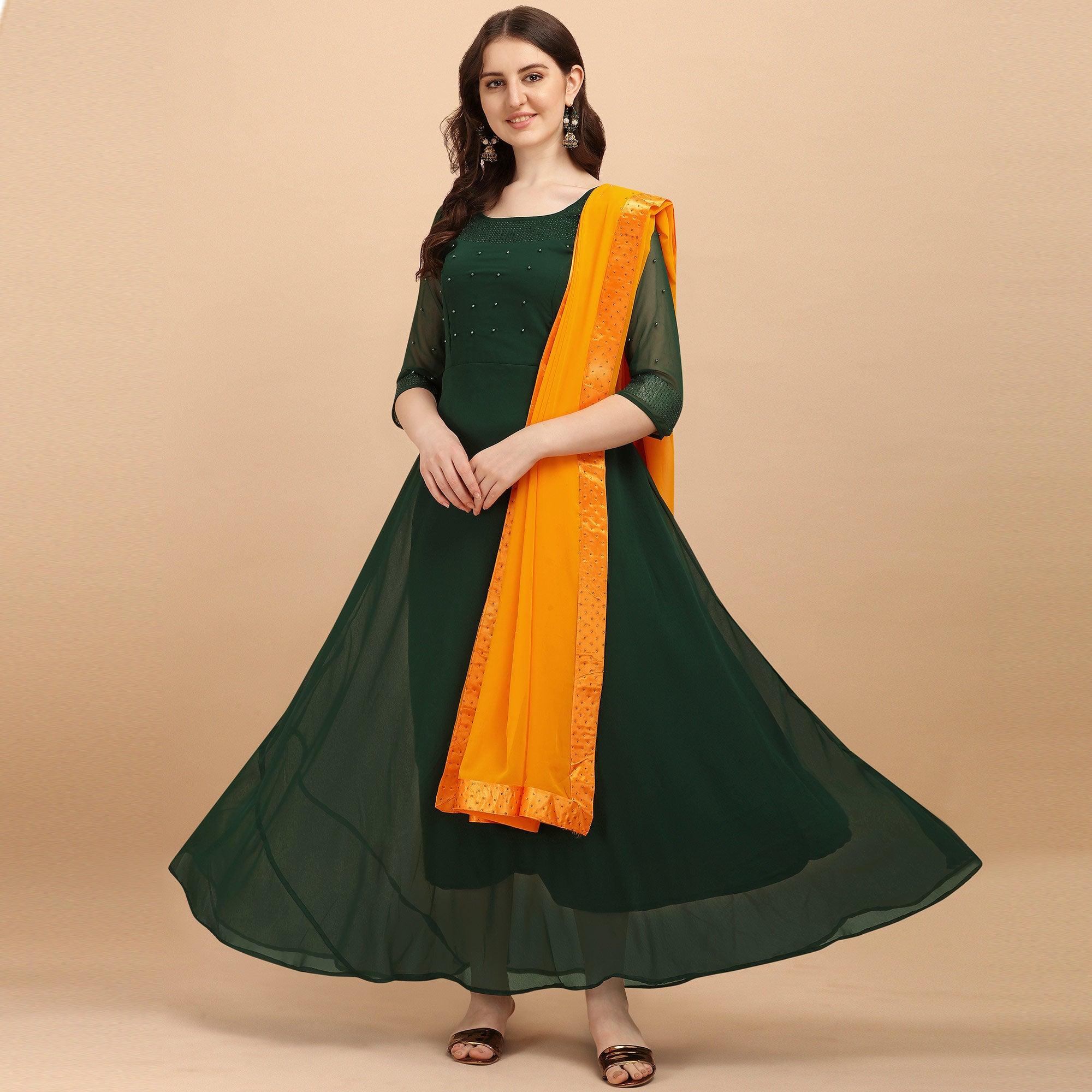 Peachmode Seller Bottle Green Festive Wear Designer Diamond Work Georgette Long Kurti With Duppata
