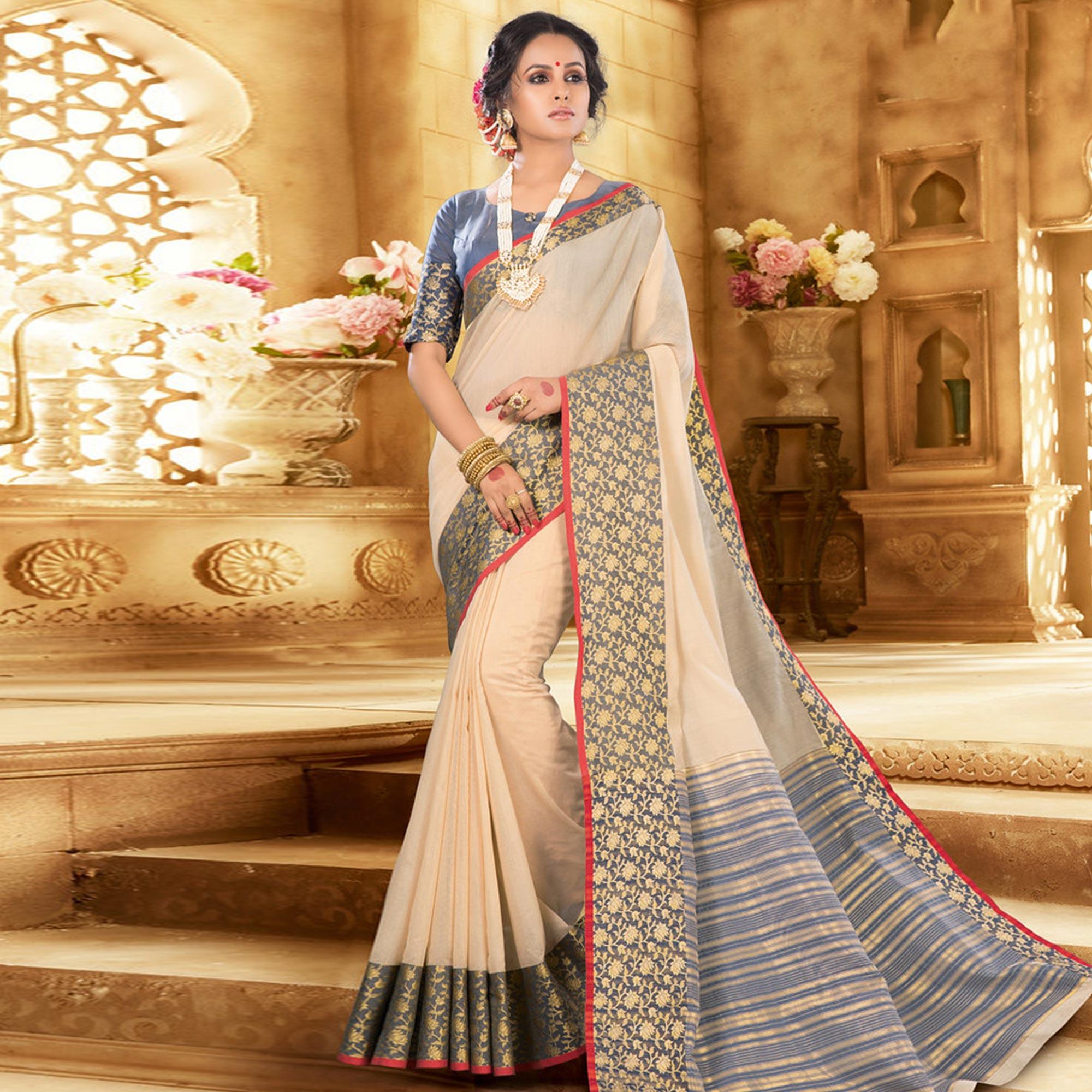 Peachmode Cream Colored Festive Wear Woven Jute Saree