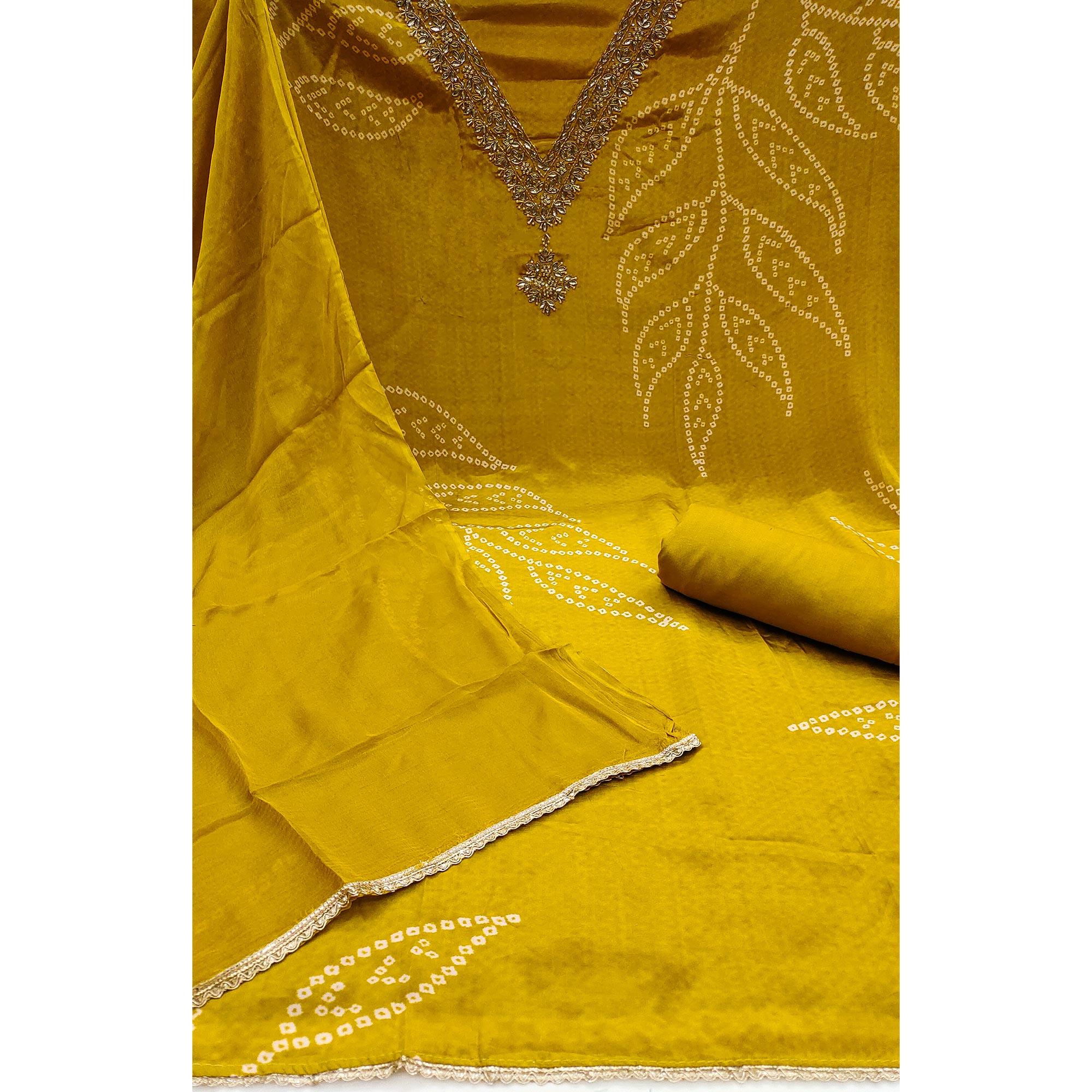 Peachmode Mustard Printed With Handwork Muslin Dress Material - view 3