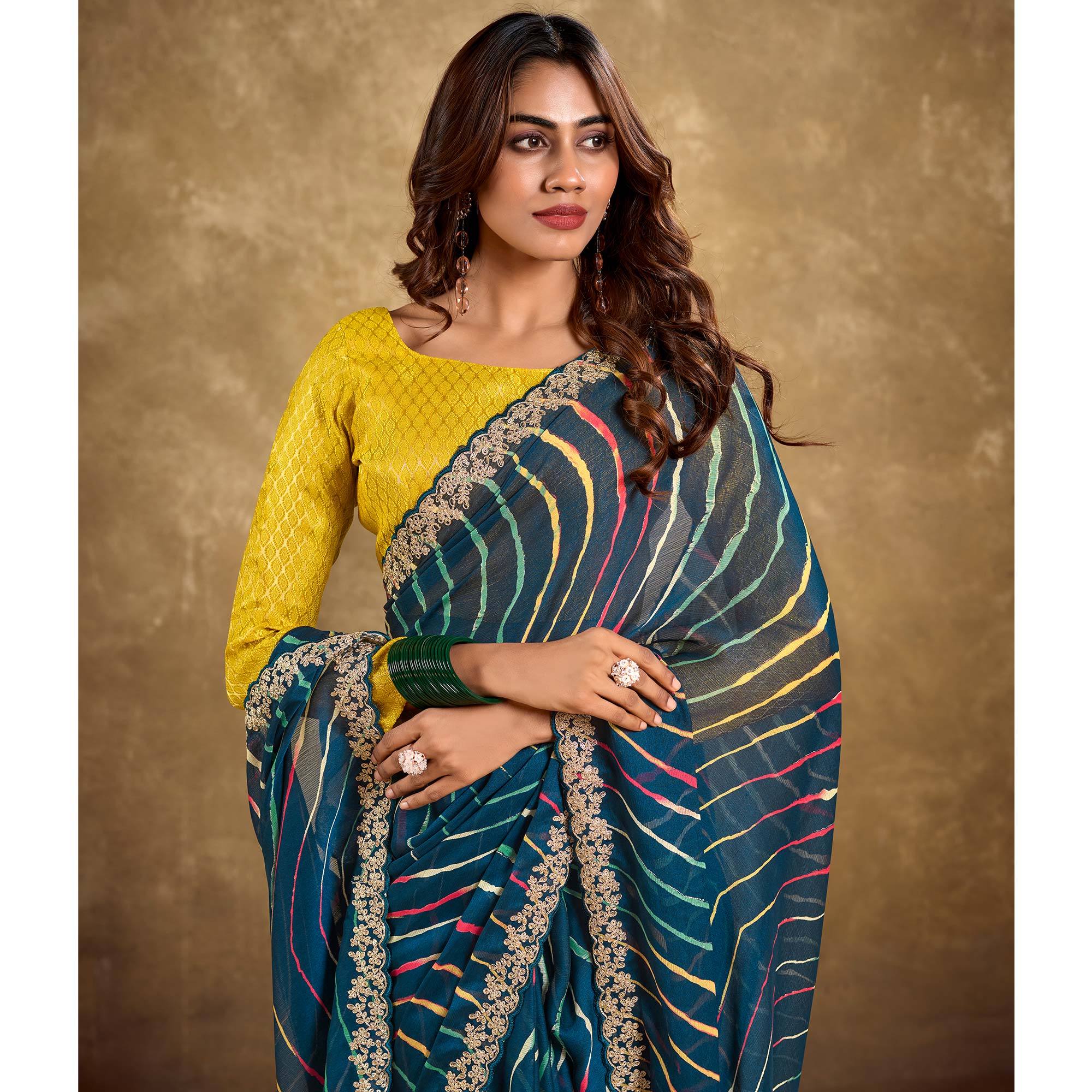 Peachmode Morpich Blue Printed Chiffon Saree With Sequins Border - view 3