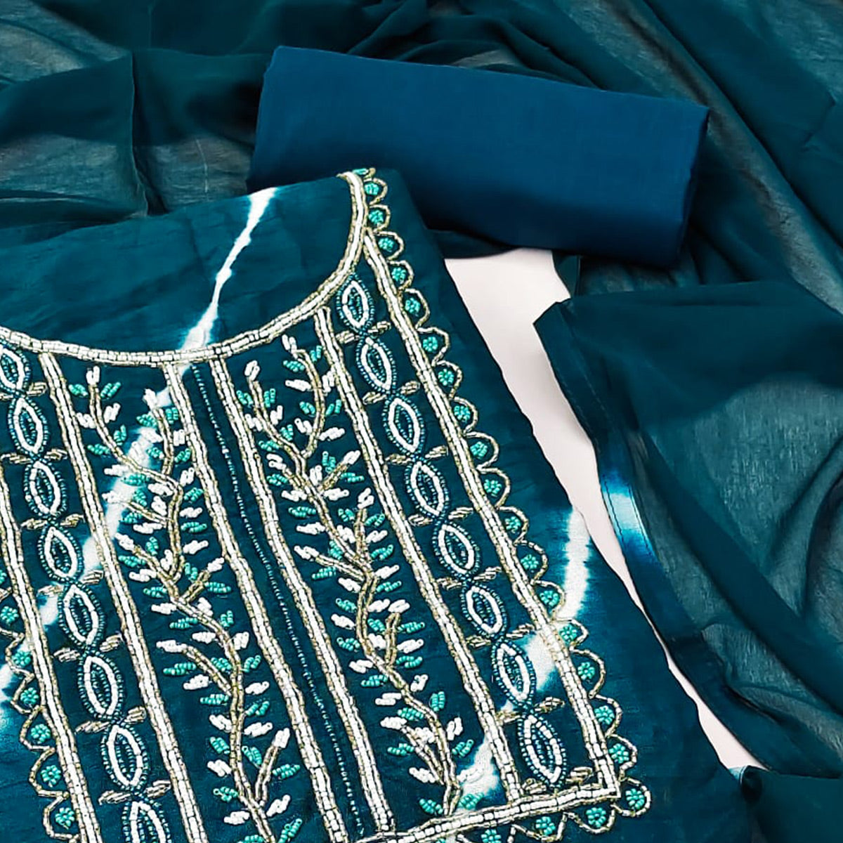 Peachmode Morpich Handwork Embroidery With Leheriya Printed Viscose Dress Material - view 2