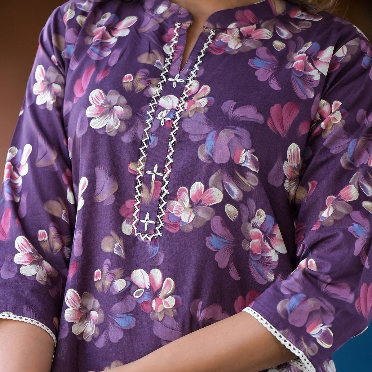 Peachmode Dark Purple Floral Foil Printed Giza Cotton A-Line Dress - view 3