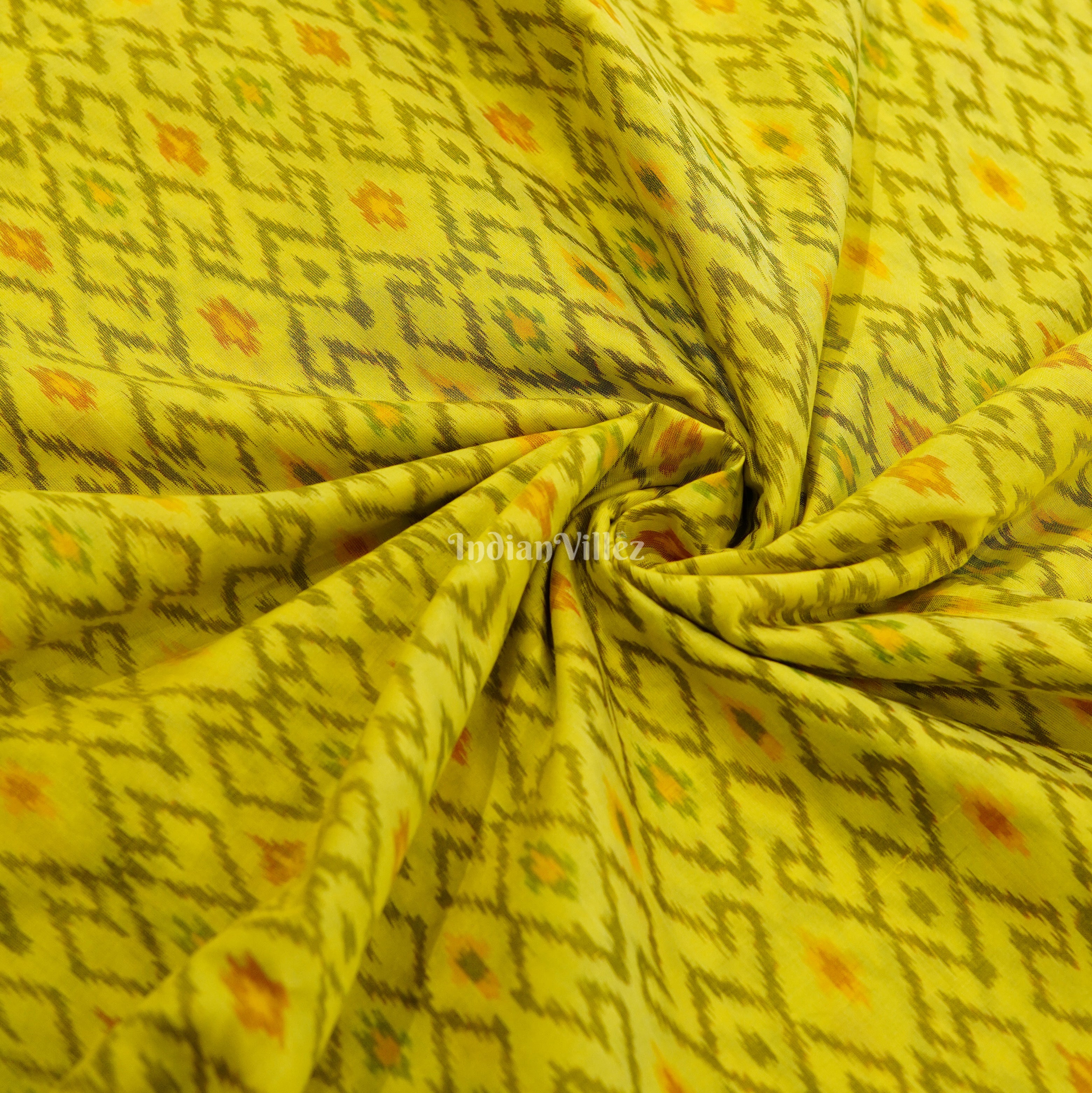 IndianVillèz Yellow Handwoven Pochampally Ikat Sico Fabric