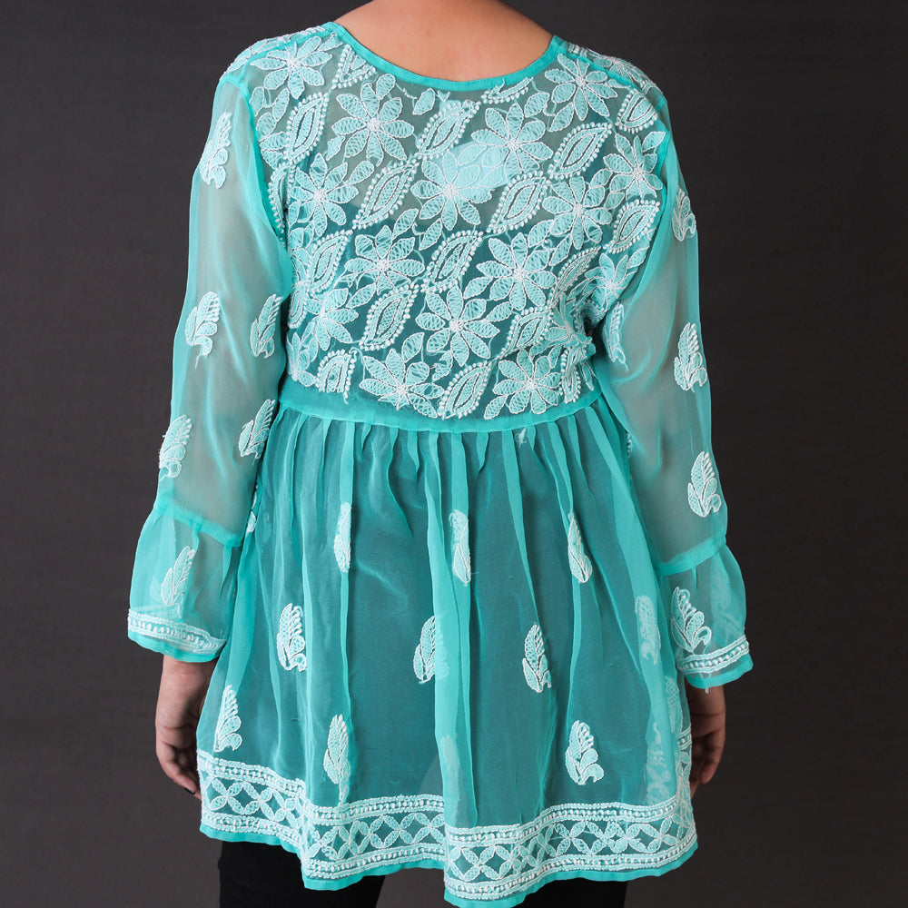 ITOKRI CRAFTS INITIATIVE Blue - Chikankari Hand Embroidered Georgette Short Flared Kurta / Top - view 3