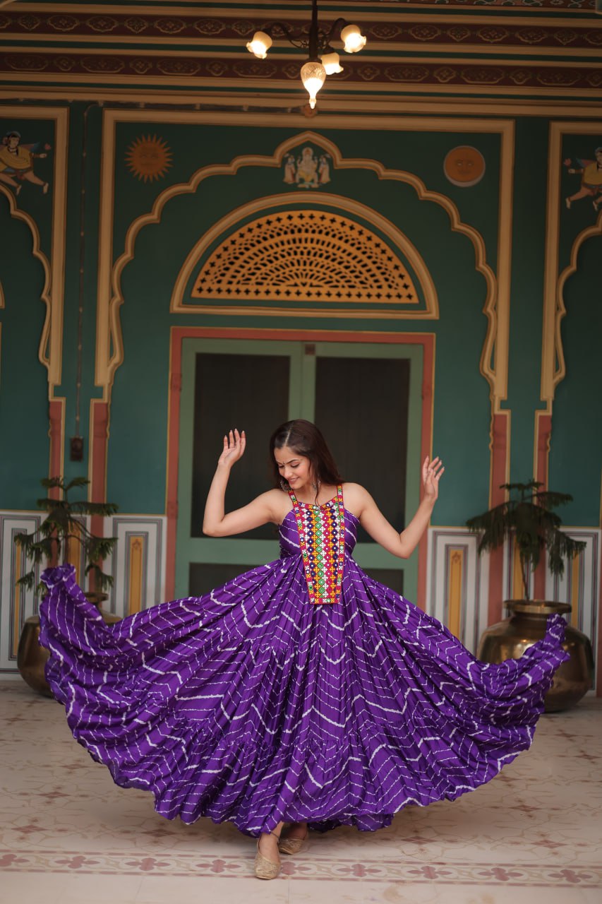 ClothsVilla Purple Graceful Leheriya Print Gown with Kutchi Patchwork - view 2