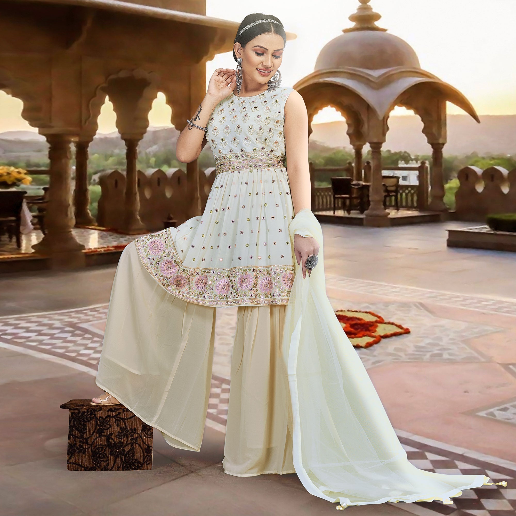 Peachmode Seller Cream Floral Embroidered Georgette Sharara Suit - view 4