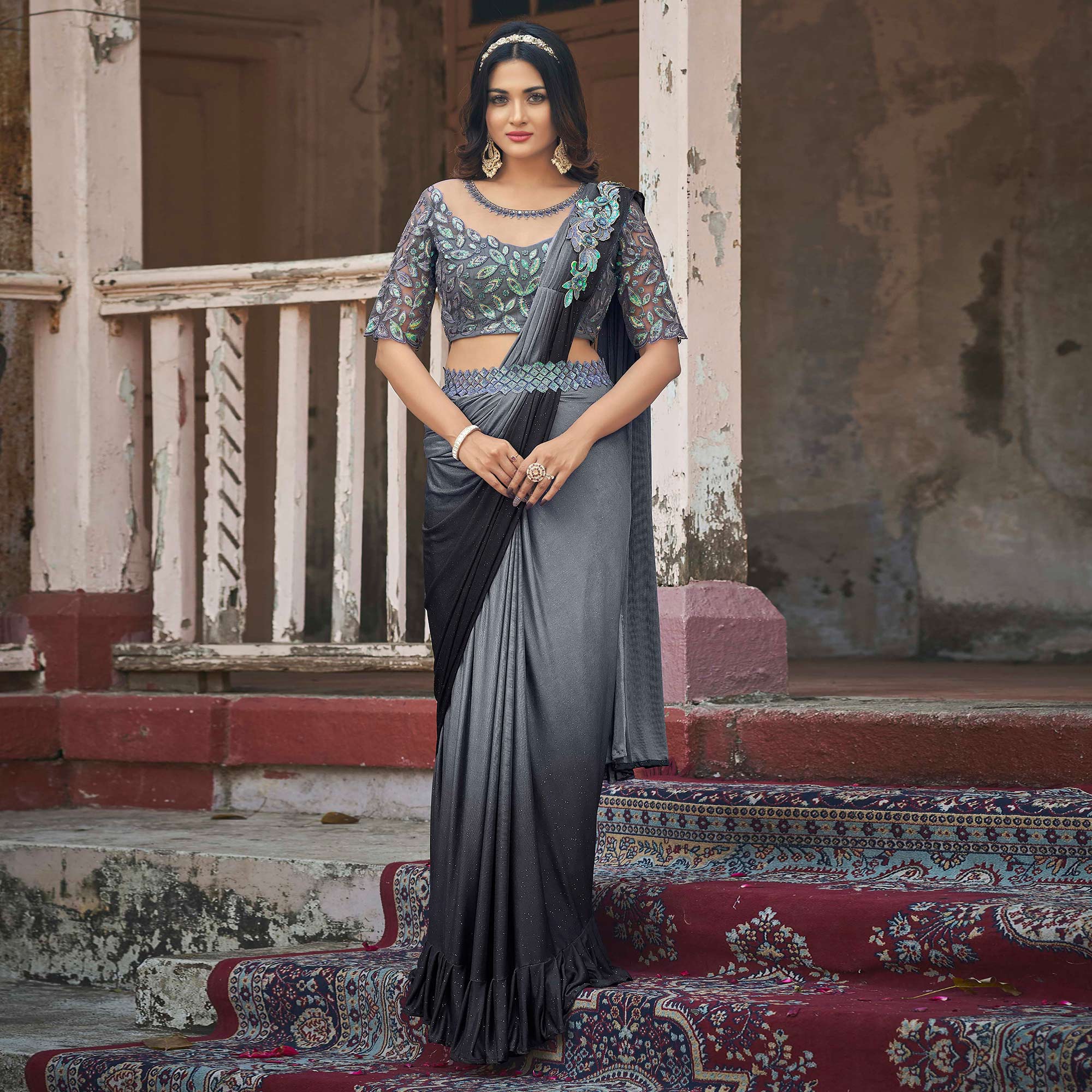 Peachmode Seller Grey Sequins Embroidered Ready To Wear Lycra Saree - view 2