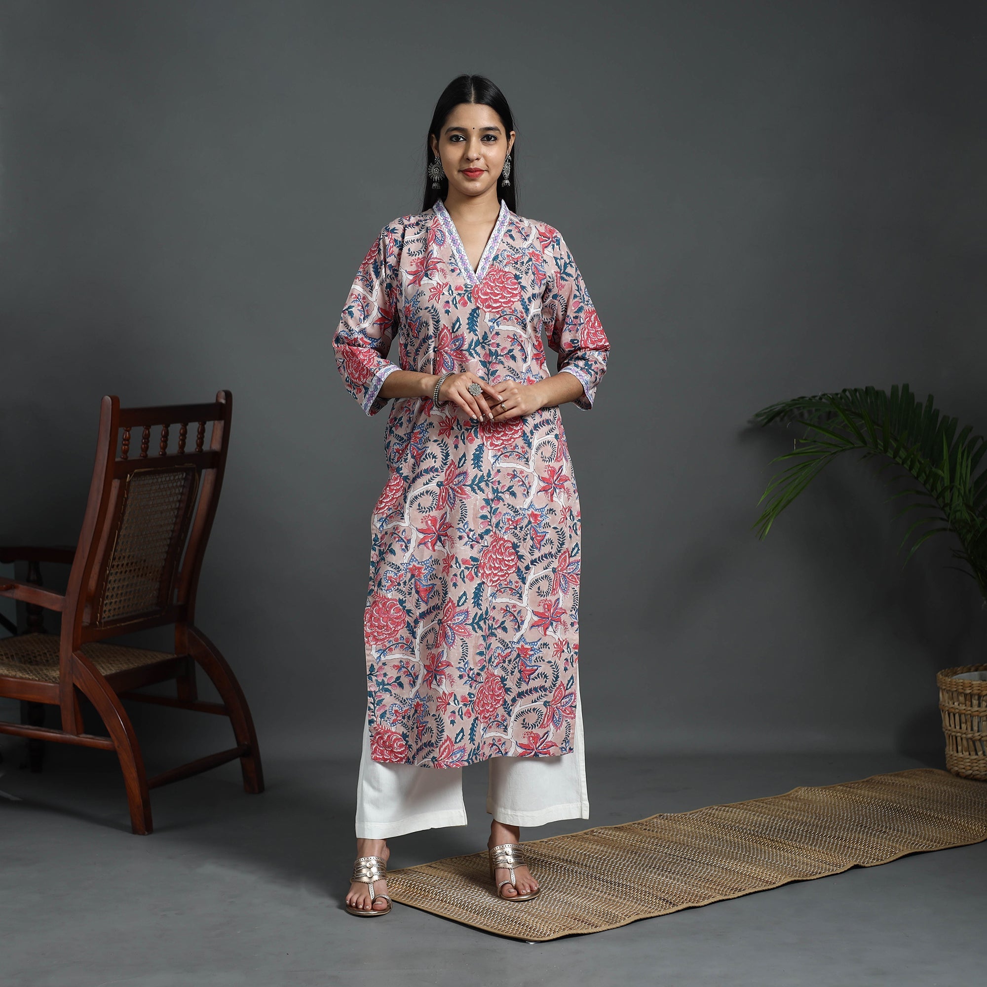 ITOKRI CASUALS Beige - Sequins Work Cotton Straight Sanganeri Print Kurta 03 - view 2