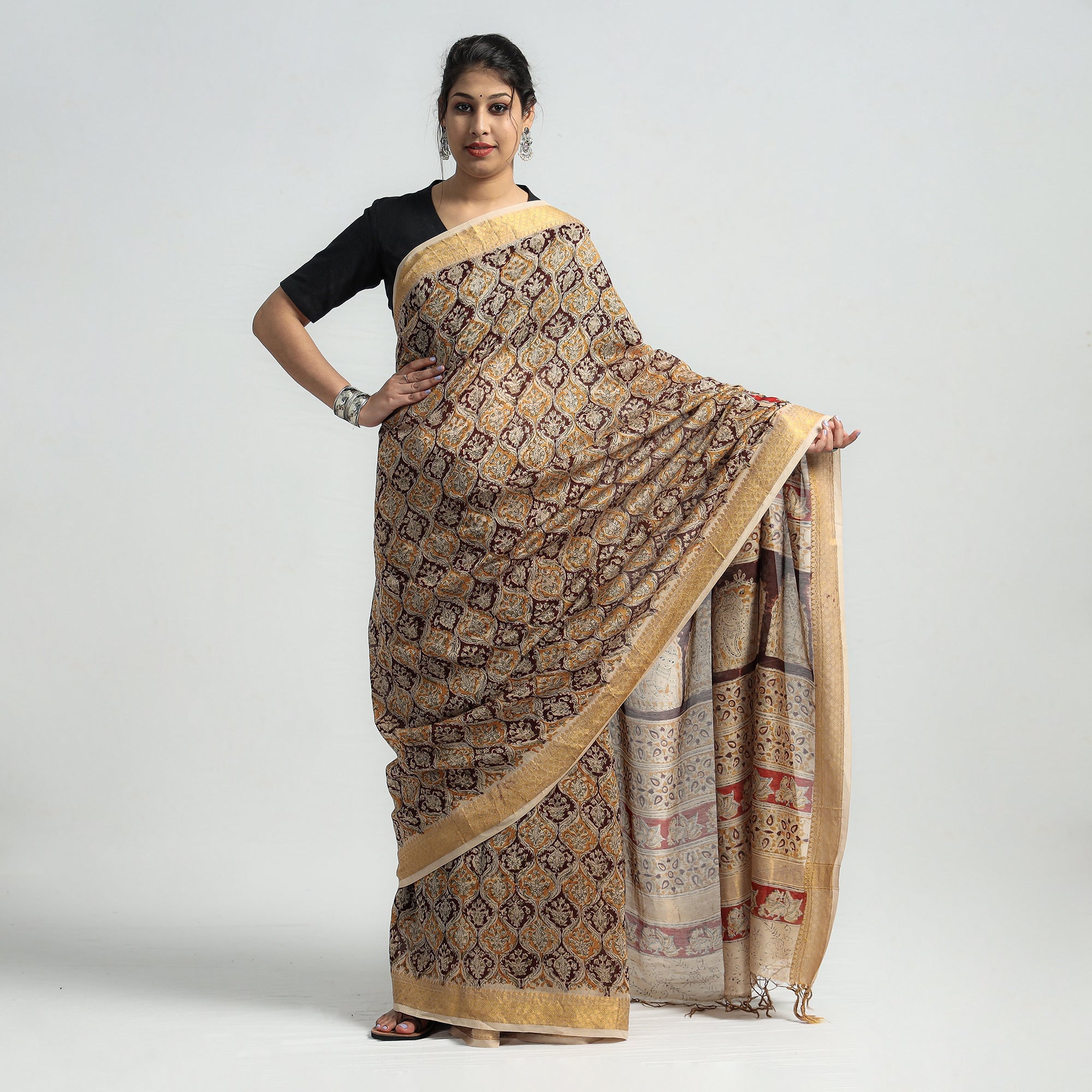 VENKATA BHANU KALAMKARI PEDANA Brown - Original Pedana Kalamkari Block Print Silk Saree - view 2