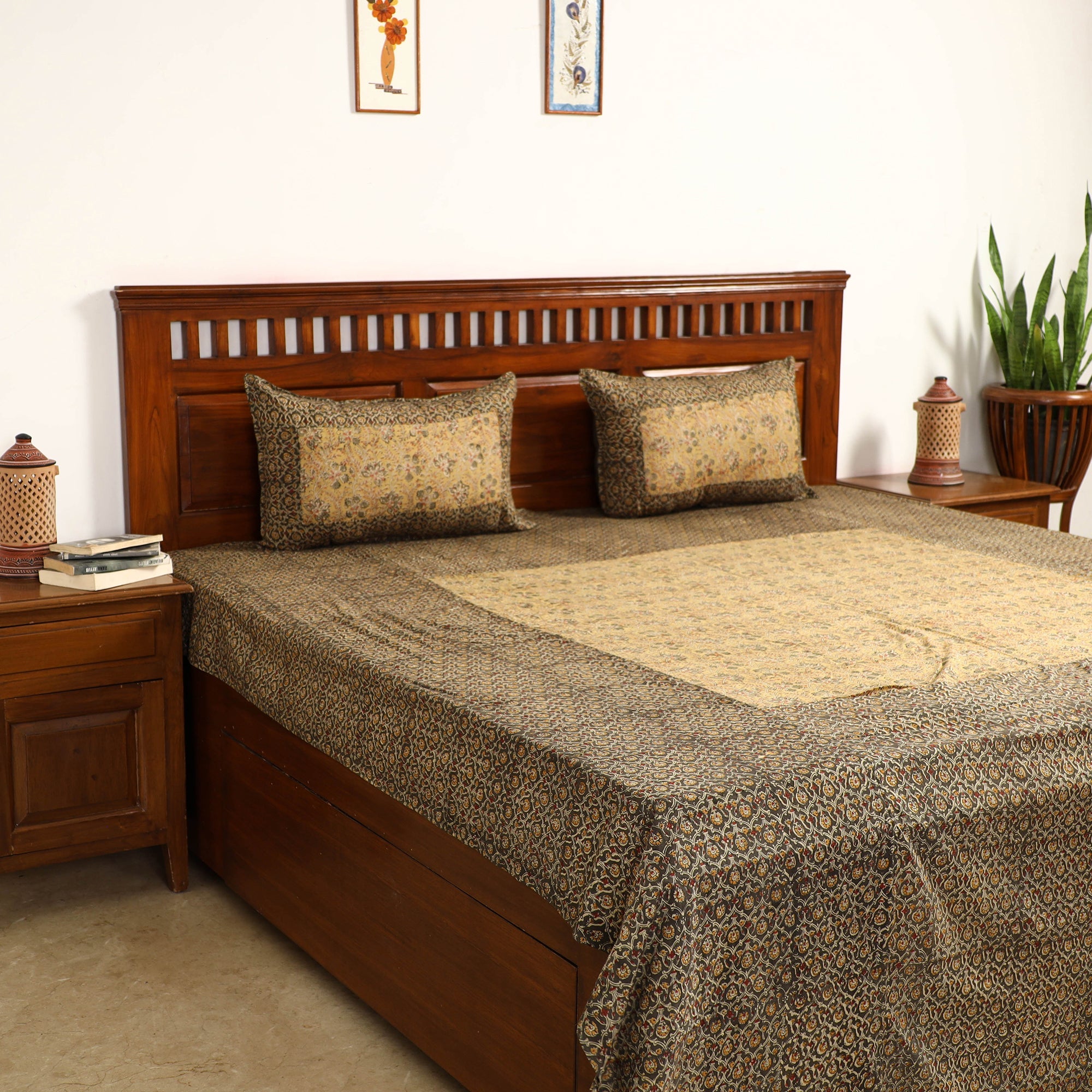 NOORI BAZAR Brown - Kalamkari Block Printed Patchwork Cotton Double Bed Cover With Pillow Covers (108 x 90 in)