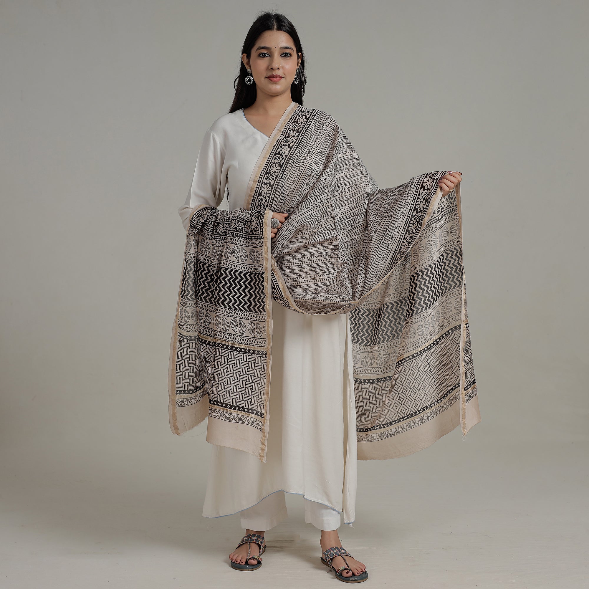 BAGH PRINTS BY MOHAMMED RAFIK KHATRI Beige - Natural Dyed Hand Block Print Chanderi Silk Bagh Dupatta 15