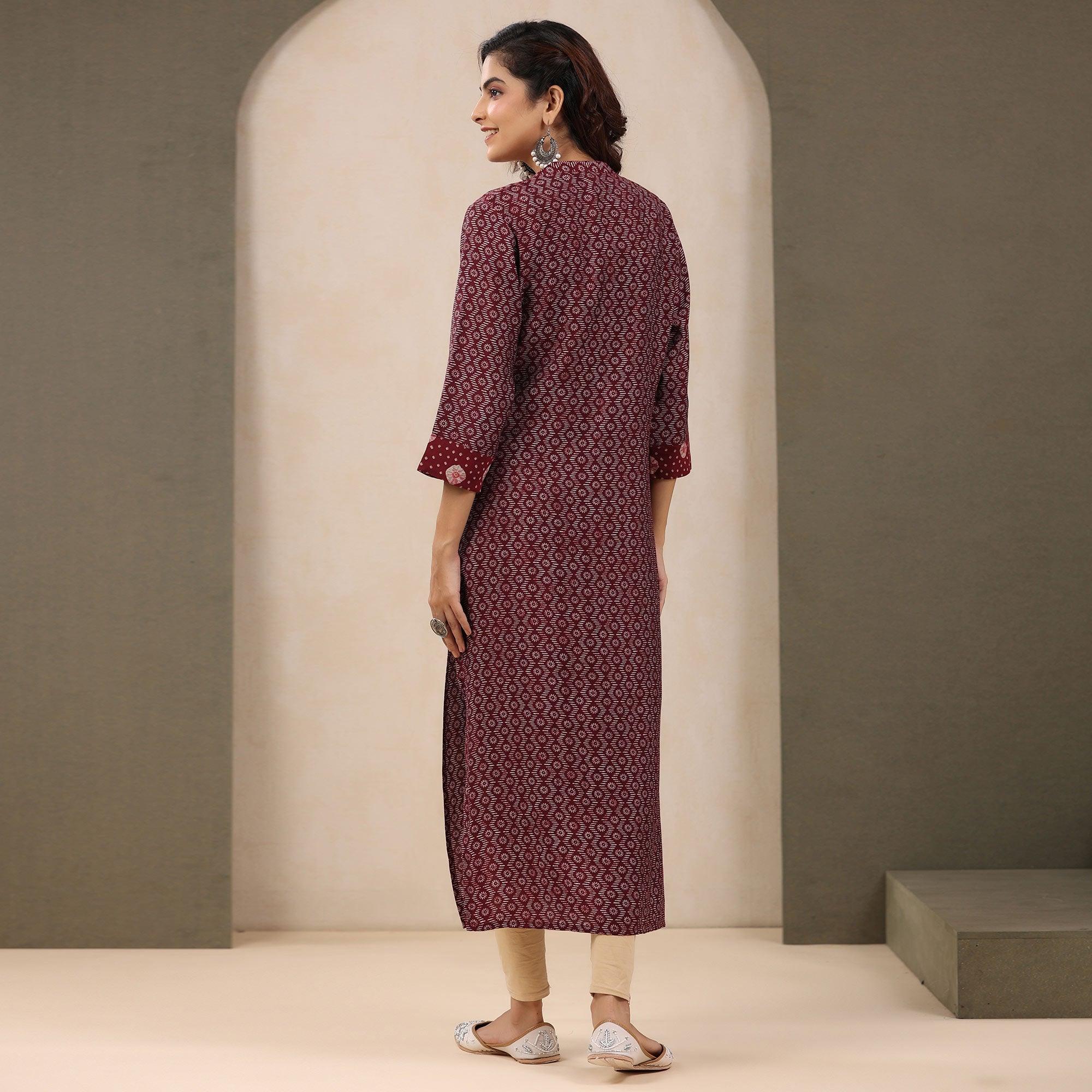 Peachmode Maroon Printed With Embroidered Chanderi Kurti - view 6