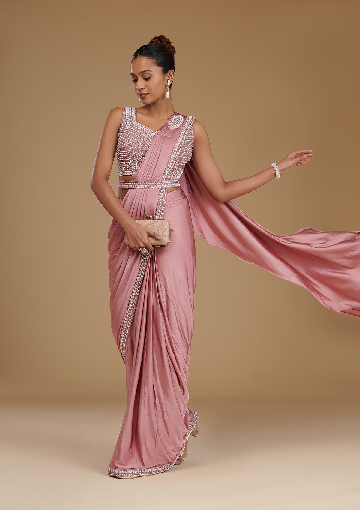 Koskii Onion Pink Pearlwork Satin Readymade Saree
