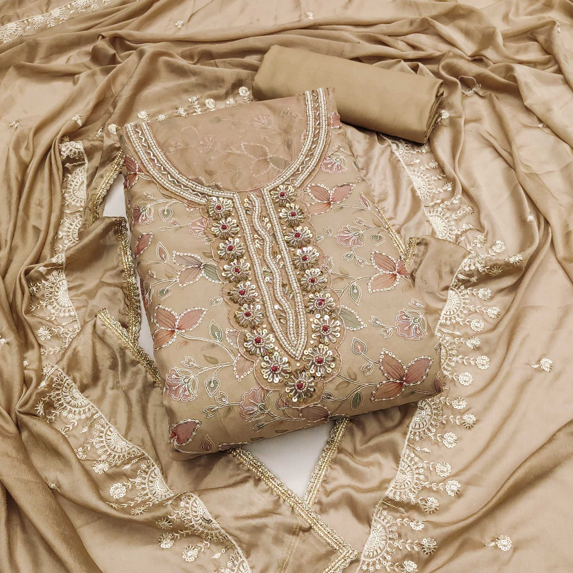 Peachmode Chikoo Floral Hand Embroidered Organza Dress Material