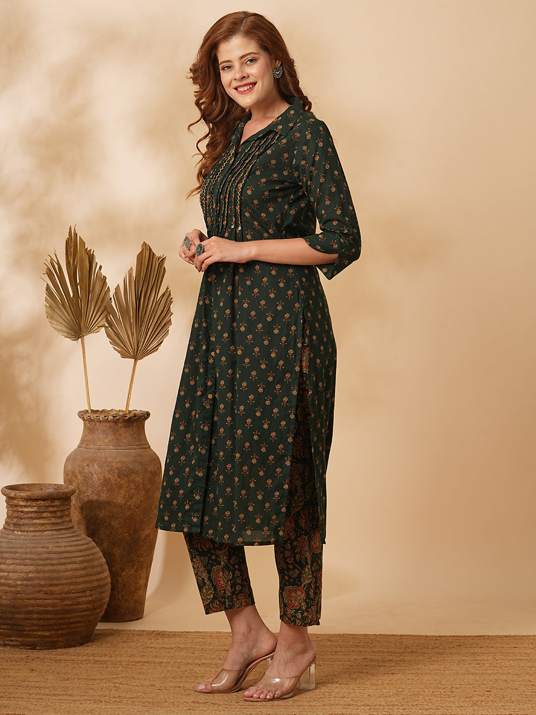 Fashor Floral Printed & Embroidered Straight Fit Kurta with Pant - Green - view 4