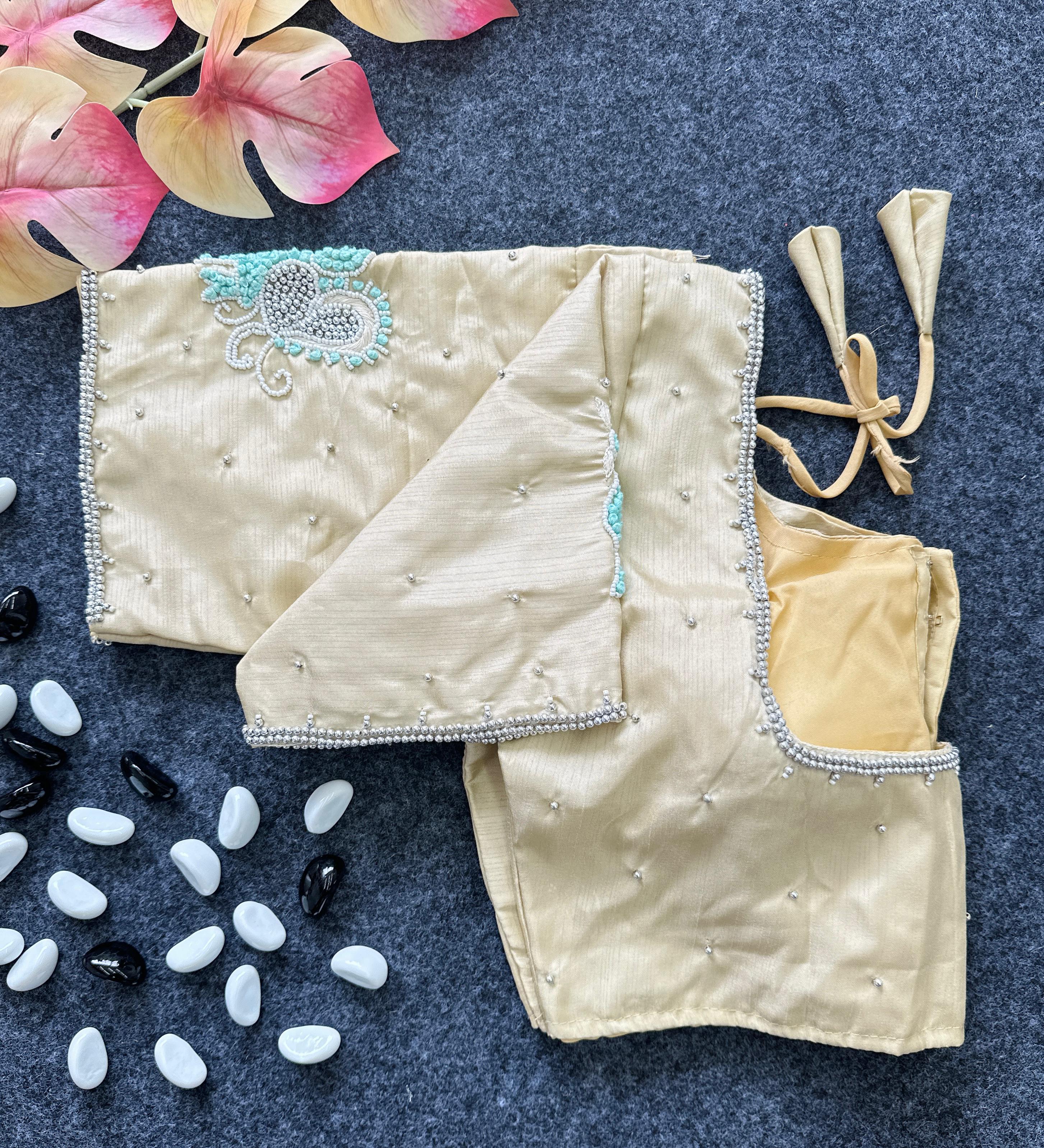 ClothsVilla Cream Color Party Wear Blouse in Lemon Silk with Elegant Handwork and Knot Design - view 2