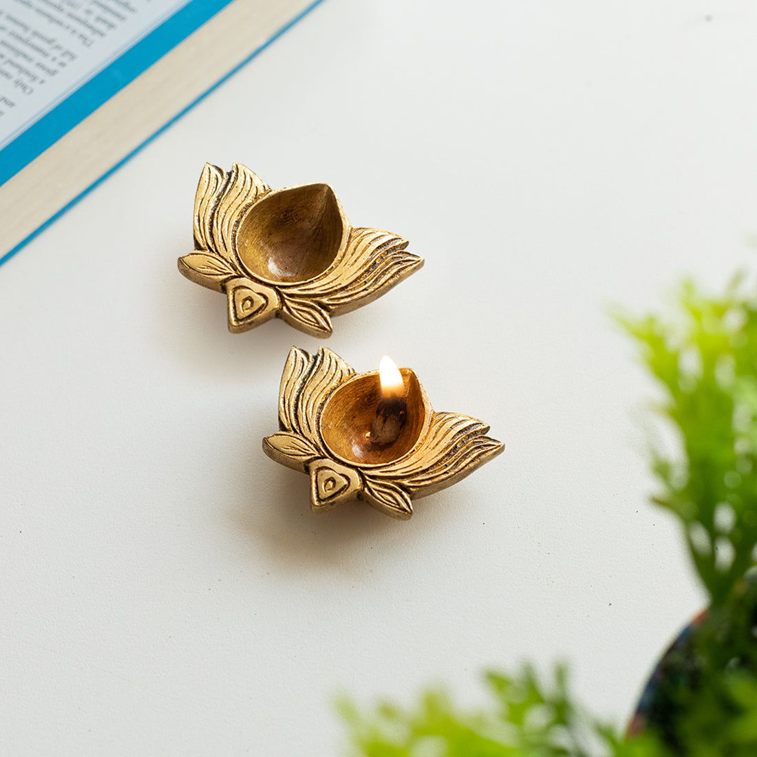 EXCLUSIVELANE 'Lotus Shaped' Hand-Carved Brass Diya (Hand-Etched, 0.2 Kg)