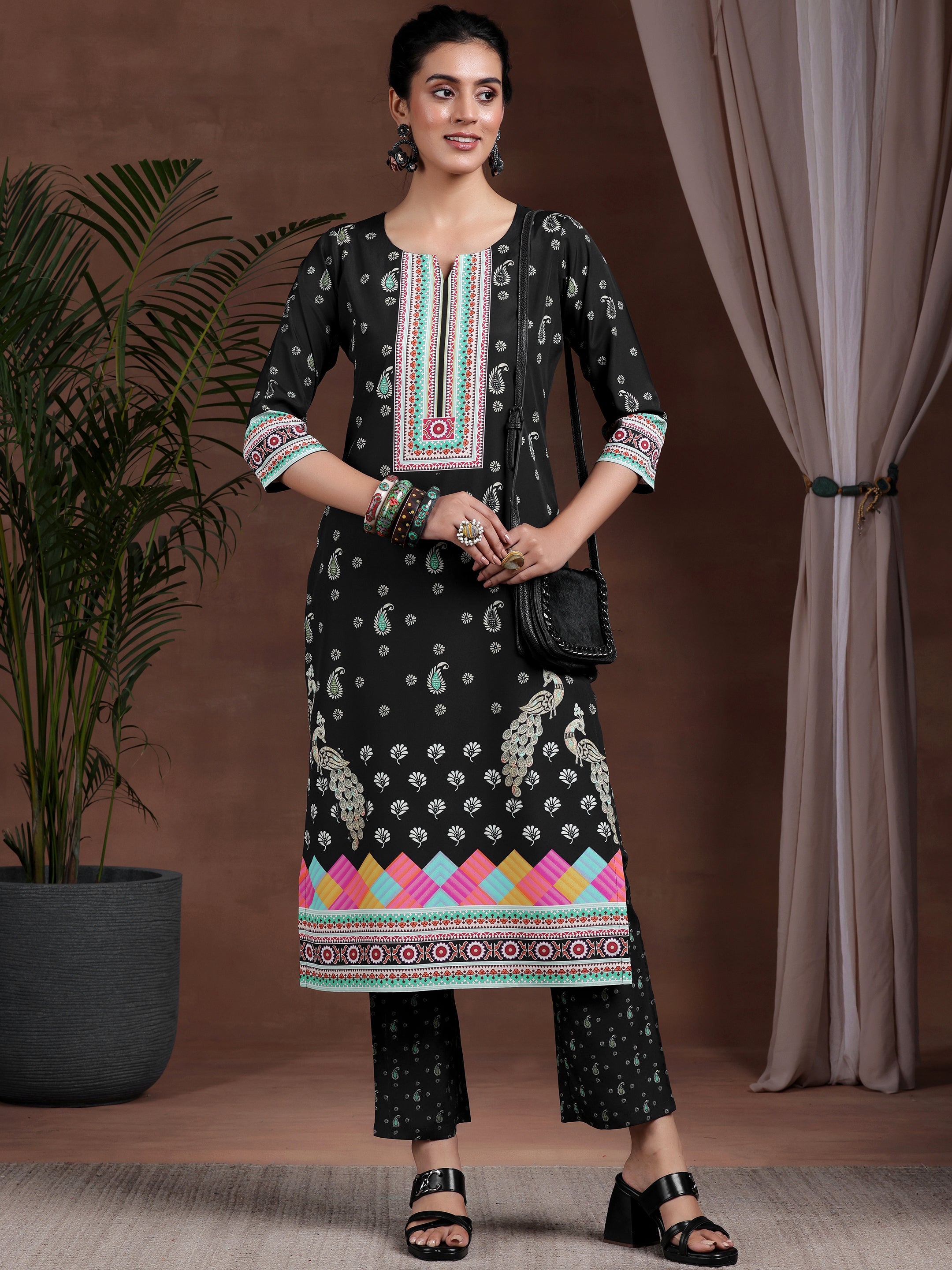 Libas Black Printed Poly Crepe Straight Suit With Dupatta