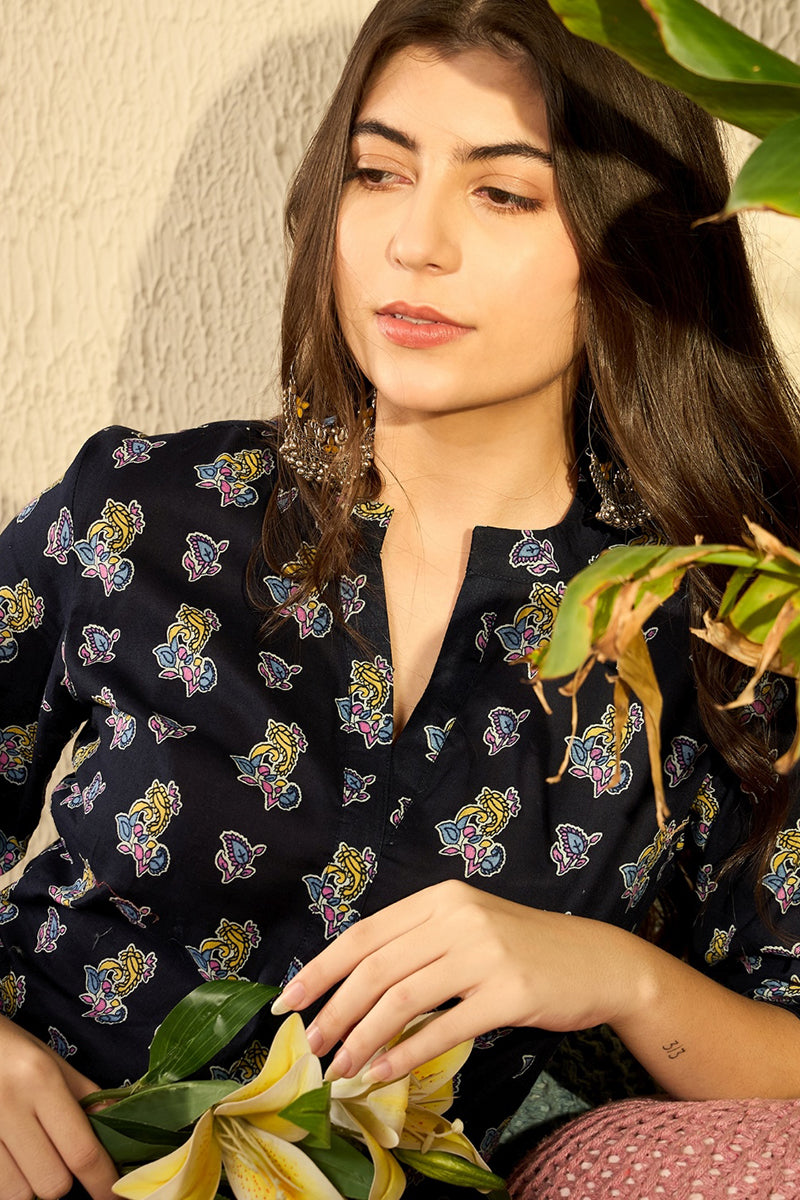 Ahika Navy Blue Cotton Blend Ethnic Motifs Printed Regular Tunic VT1302