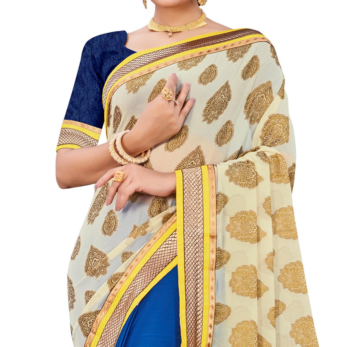 Peachmode Entrancing Blue-Cream Colored party Wear Georgette Half-Half Saree - view 2