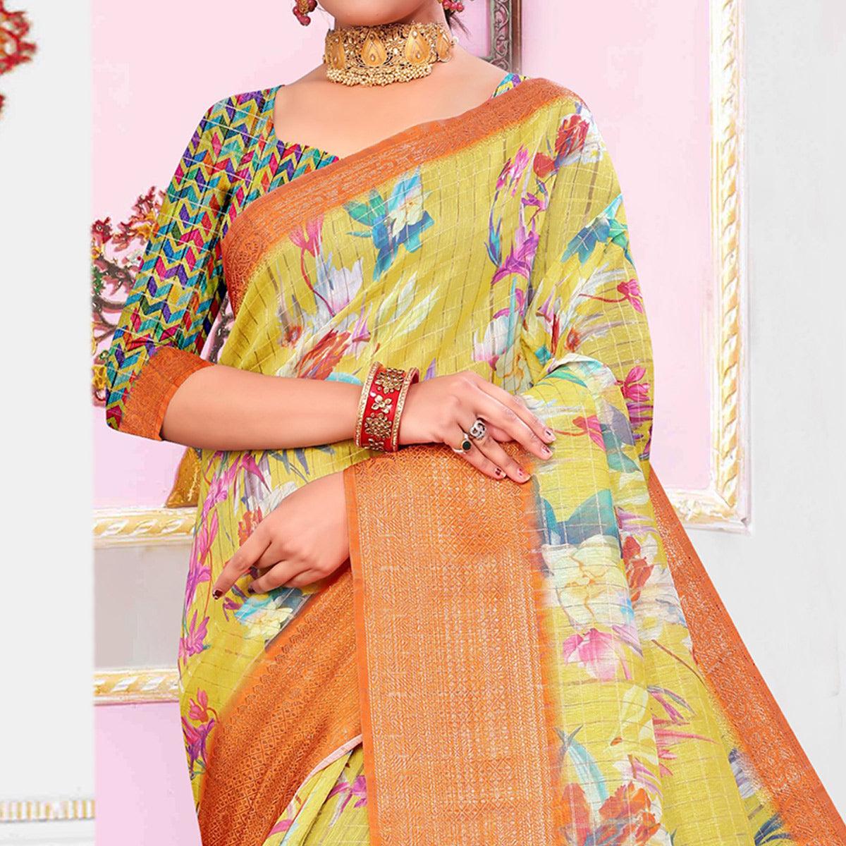 Peachmode Imposing Yellow Colored Festive Wear Digital Printed Linen Saree - view 2