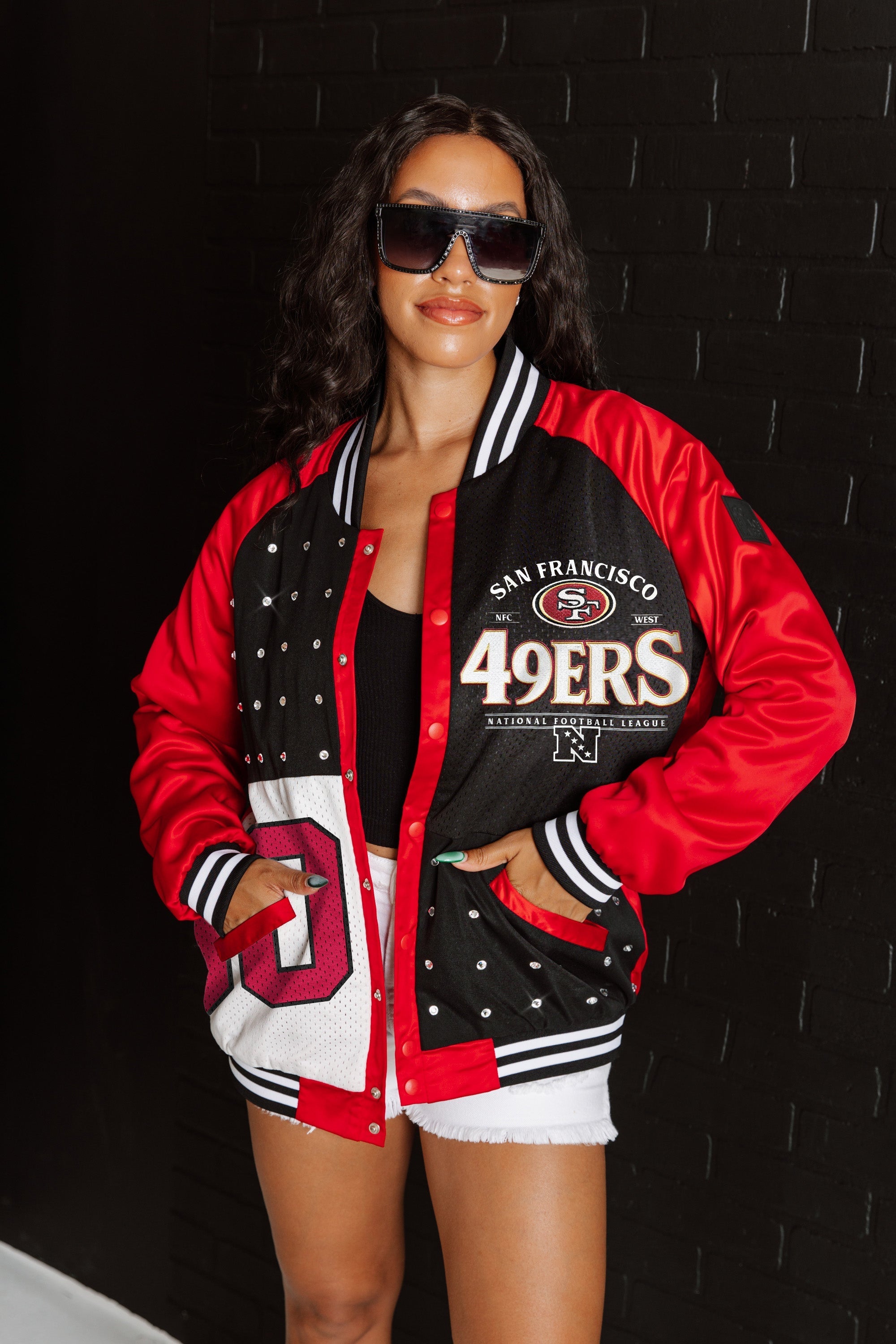 GC X NFL San Francisco 49ers Hot Shot Mixed Media Throwback Varsity Bomber Jacket With Rhinestone Inserts - view 3