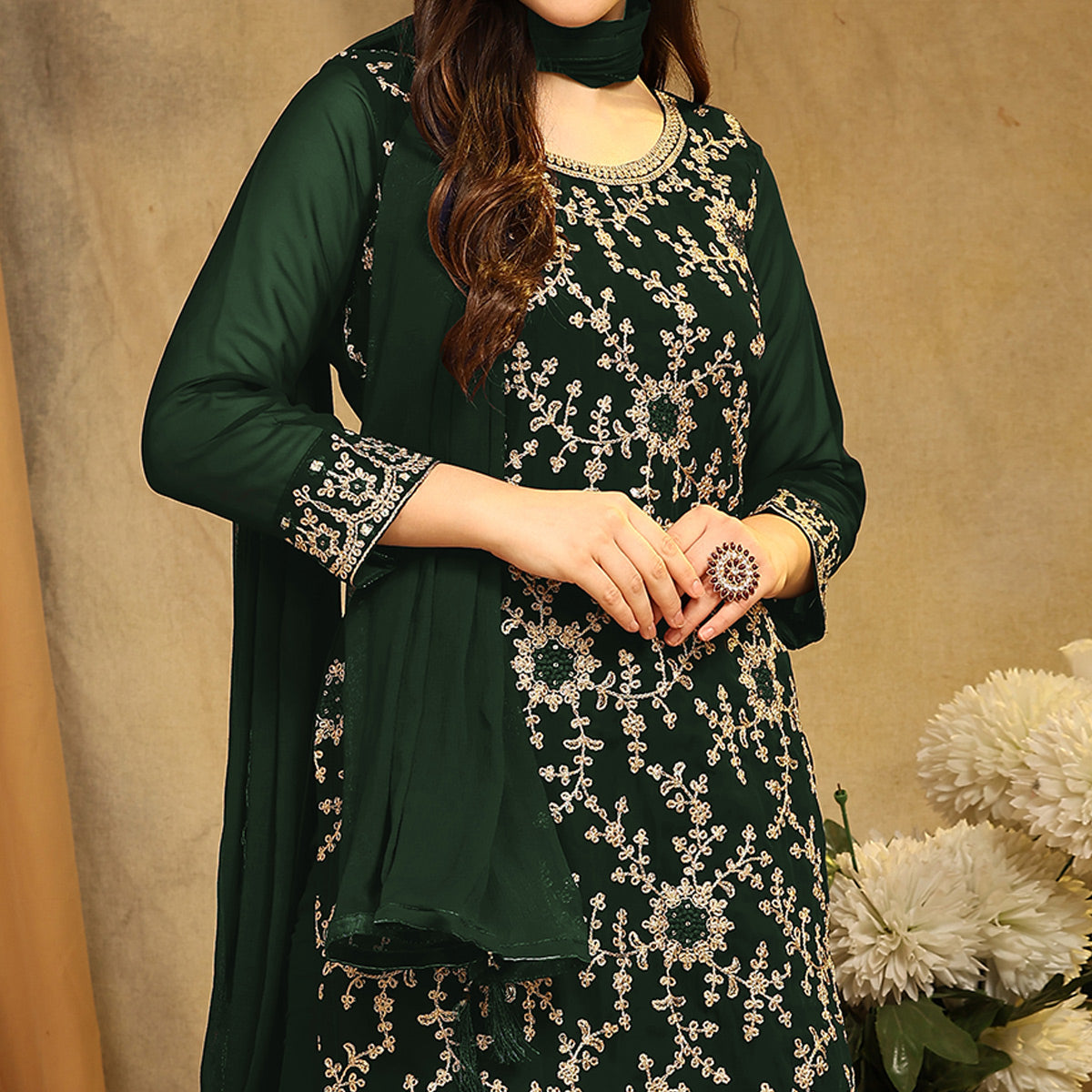 Peachmode Bottle Green Floral Embroidered Georgette Semi Stitched Suit - view 3
