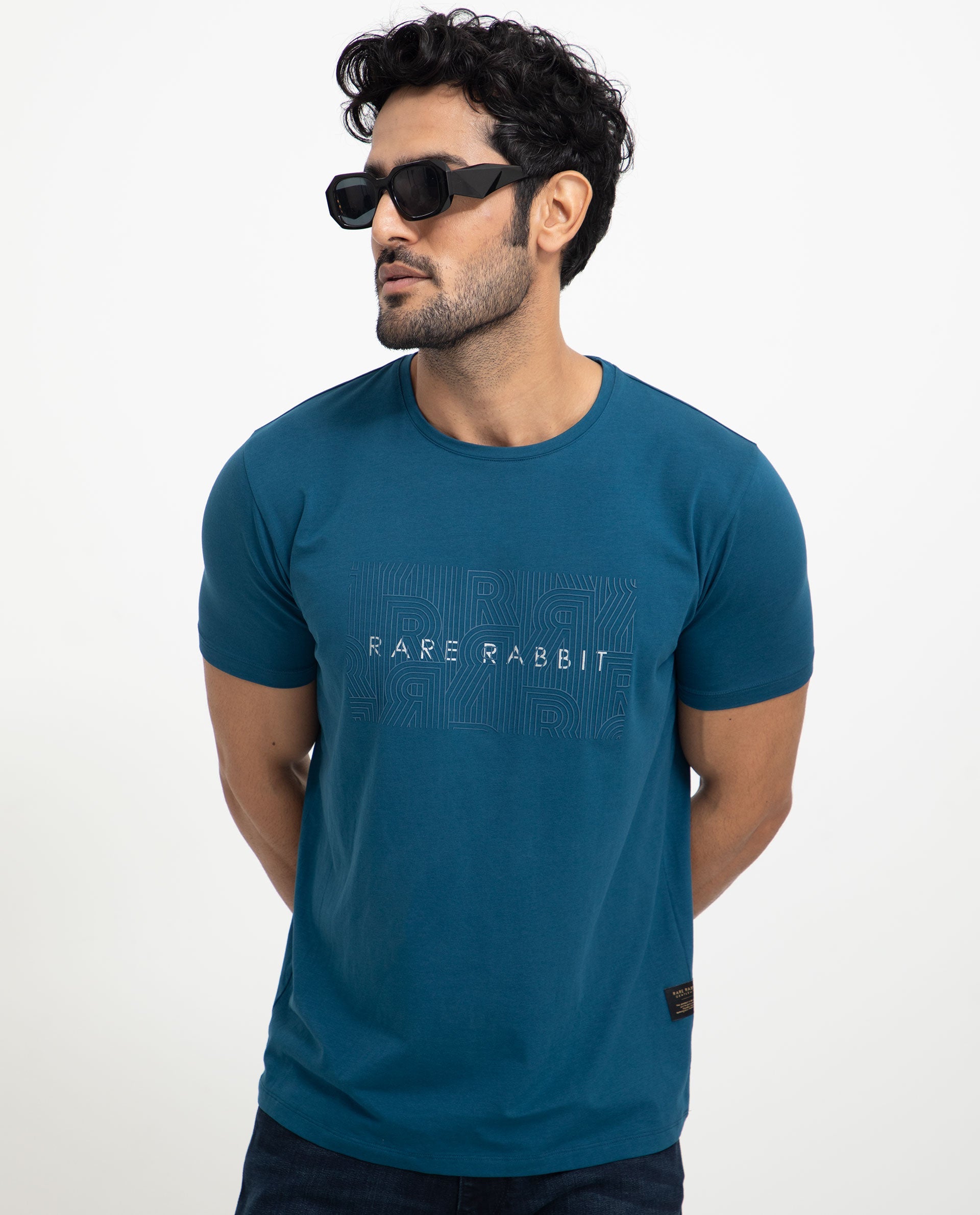 Rare Rabbit Men's Alanet Teal Crew Neck Foil HD Print Branding Half Sleeves Regular Fit T-Shirt - view 4