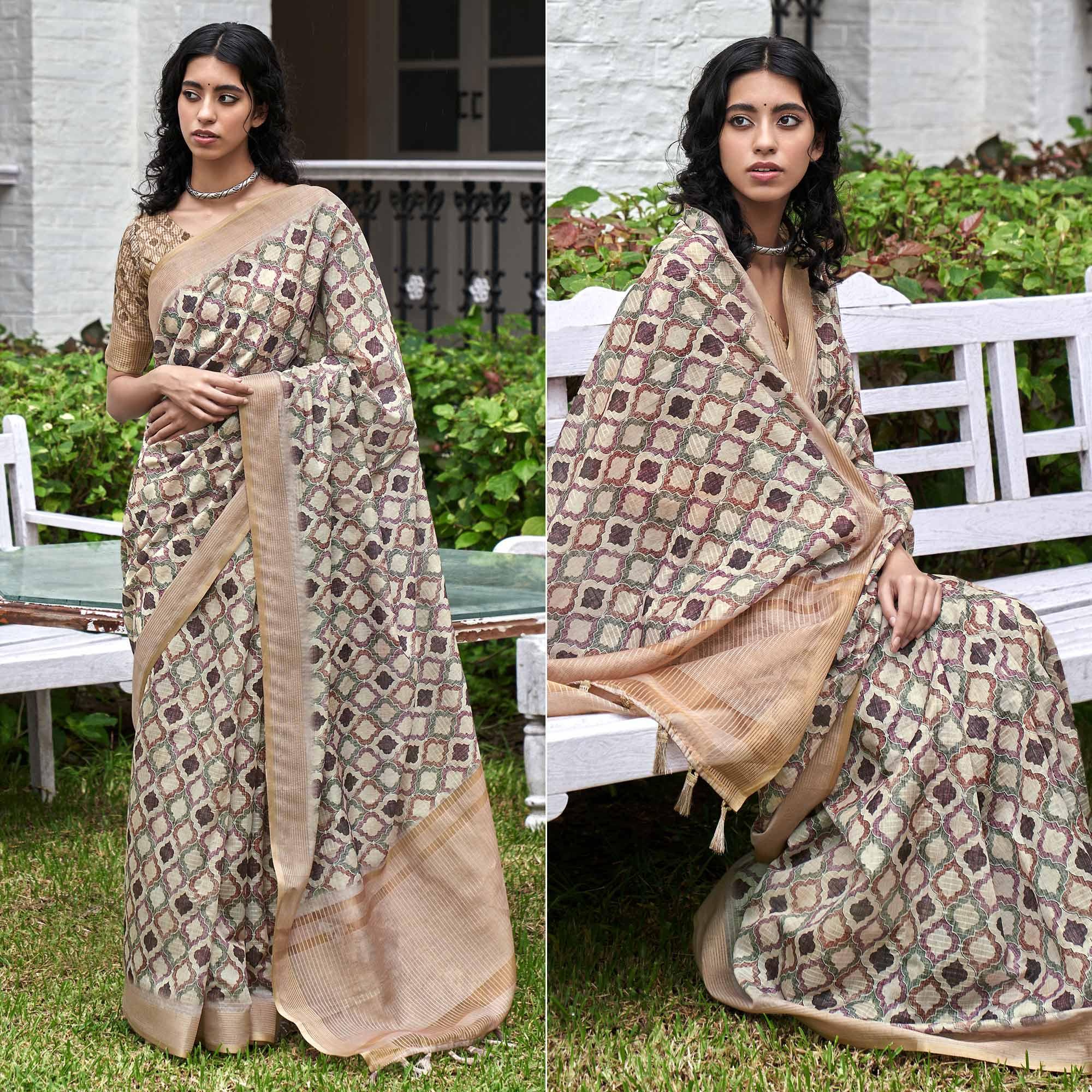 Peachmode Cream Digital Printed Art Silk Saree