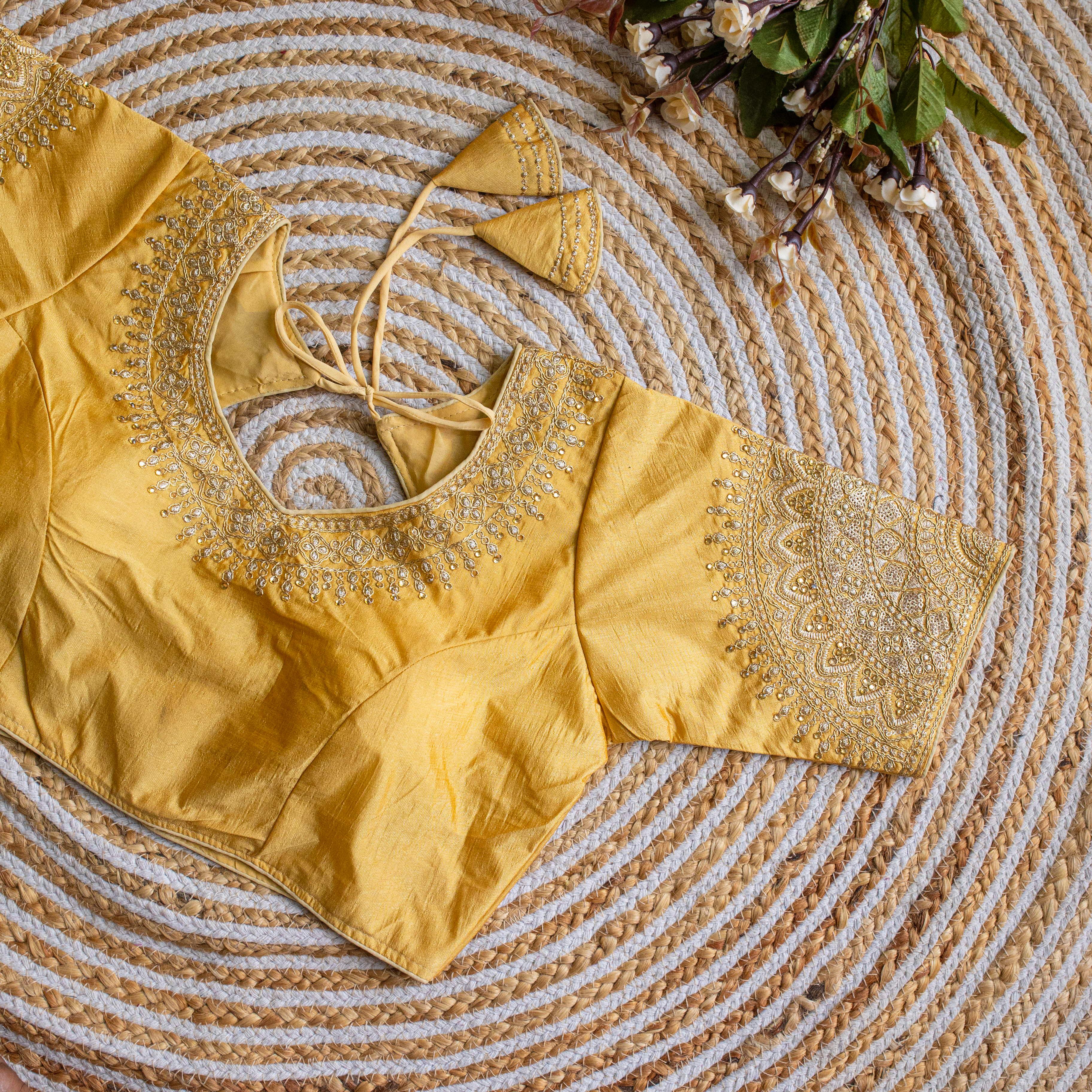 ClothsVilla Yellow Luxurious Lucknowi Silk Blouse with Golden Embroidery and Sequins