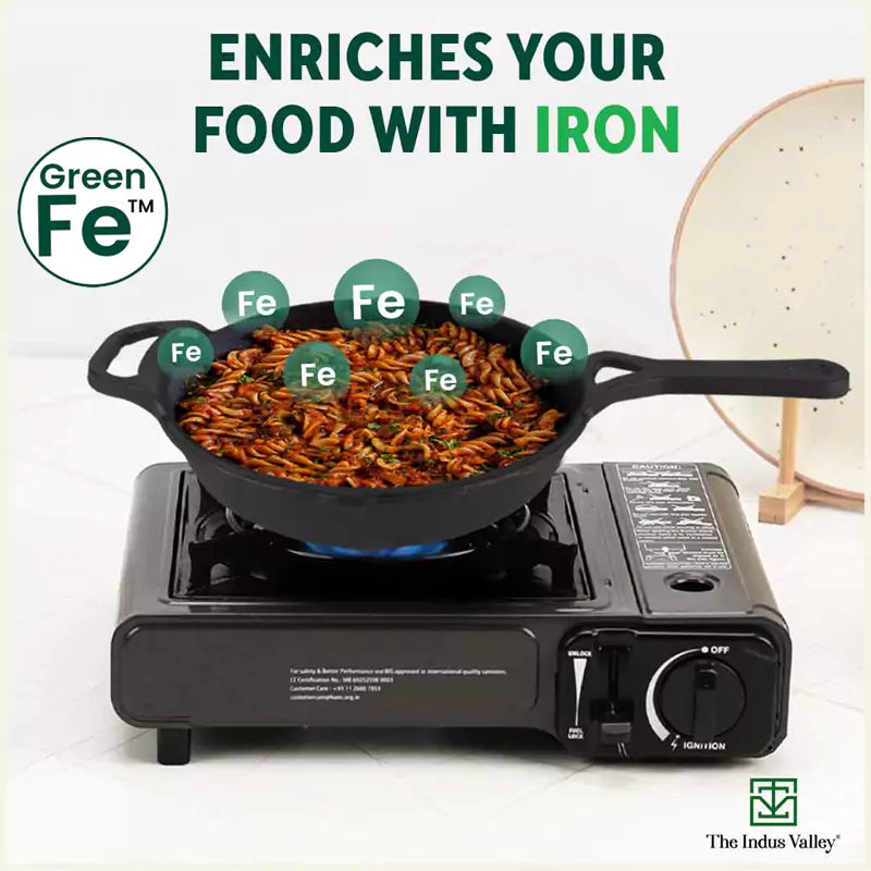 The Indus Valley CASTrong Cast Iron Fry Pan/Skillet + Free ₹110 Spatula, Pre-seasoned, Nonstick, 100% Pure, Toxin-free, Induction, 25.4cm, 1.7L, 2.3kg - view 6