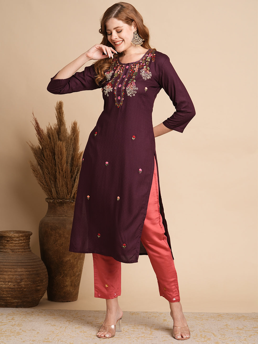 FASHOR Ethnic Woven & Floral Hand Embroidered Straight Fit Kurta - Burgundy - view 5