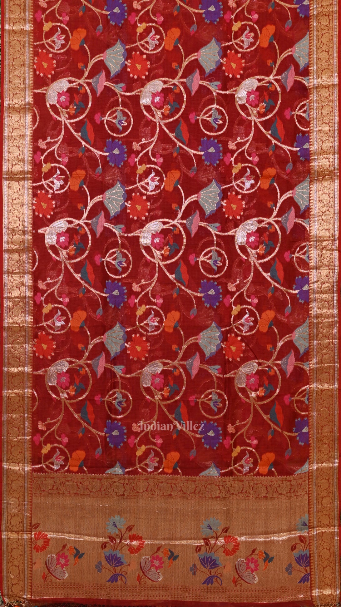 IndianVillèz Maroon Jamdani Banarasi Kota Silk Saree