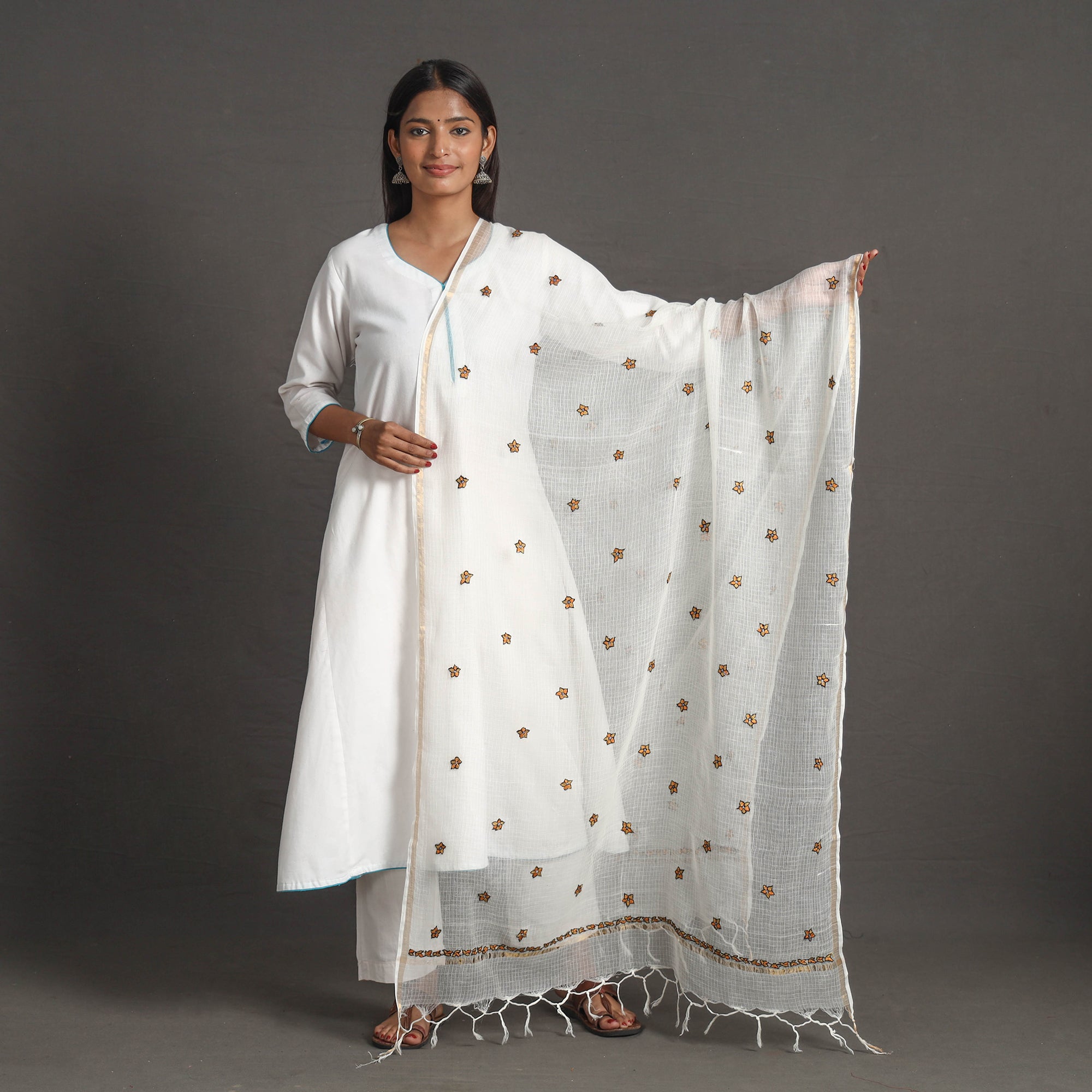 ITOKRI CRAFTS INITIATIVE Kota Doria Silk Cotton Kashida Embroidery Dupatta 58
