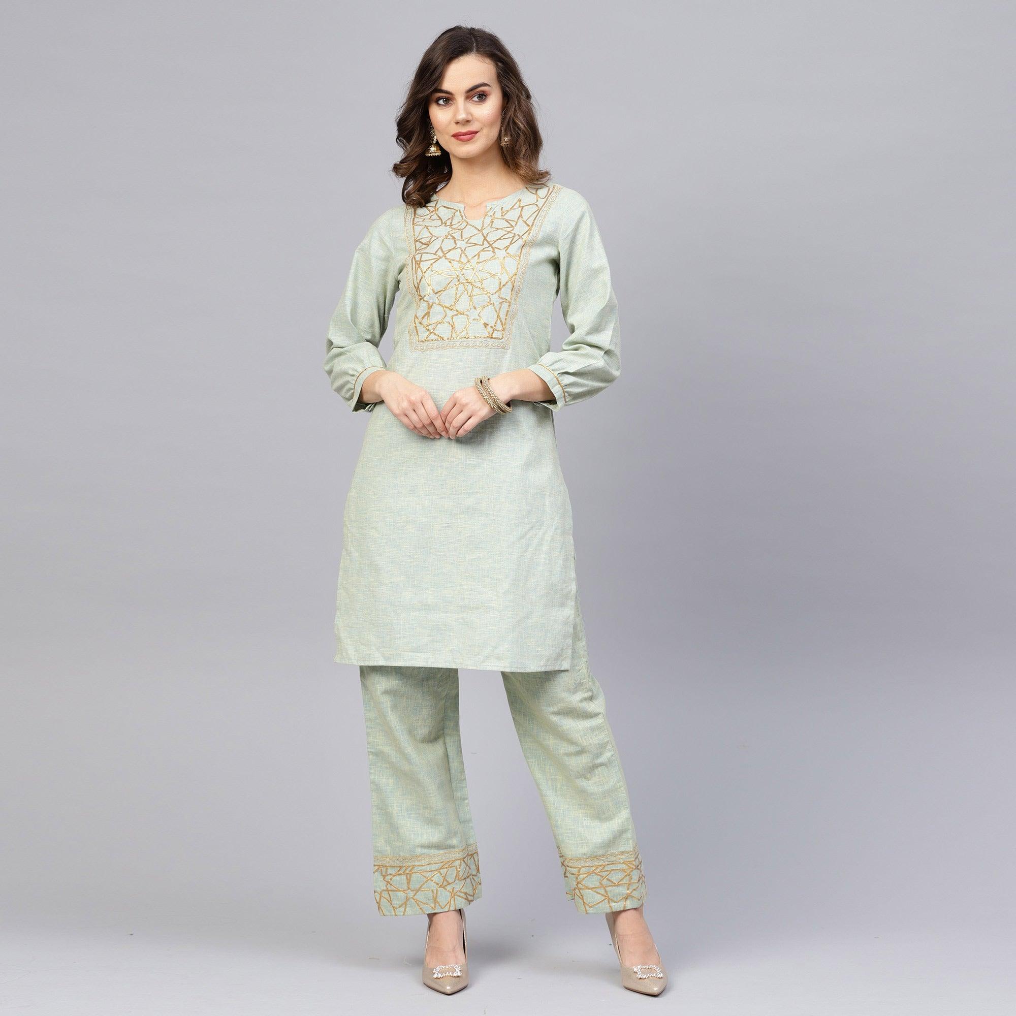 Peachmode Delightful Pista Green Colored Party Wear Embroidered Cotton Kurti-Pant Set